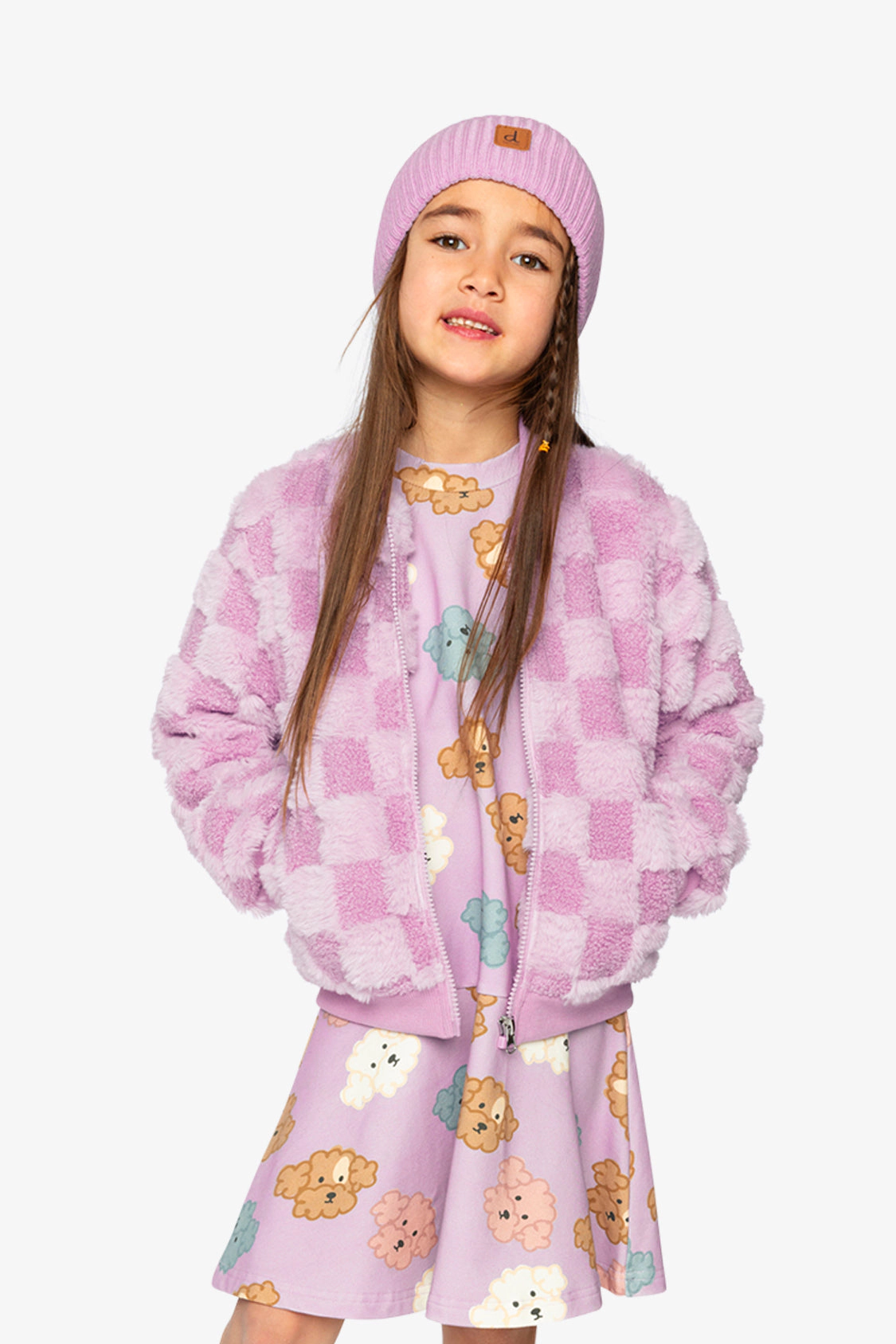 Deux par Girls Checkerboard Faux Fur Jacquard Bomber Jacket