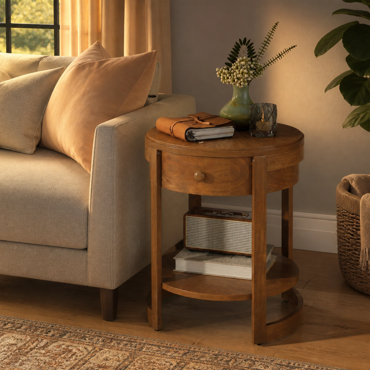 SUGIFT Set of 2 Round Oak Nightstands, 24-Inch 2-Tier Mid-Century Side Tables with Drawer and Open Shelf