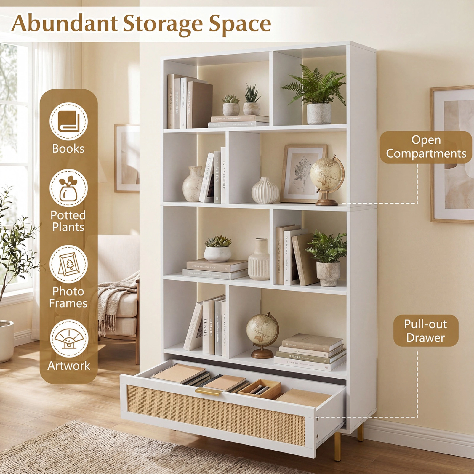 SUGIFT 6-Tier White 64-in Tall Boho Rattan Bookshelf with 8 Open Cubes Storage Drawer and Metal Legs