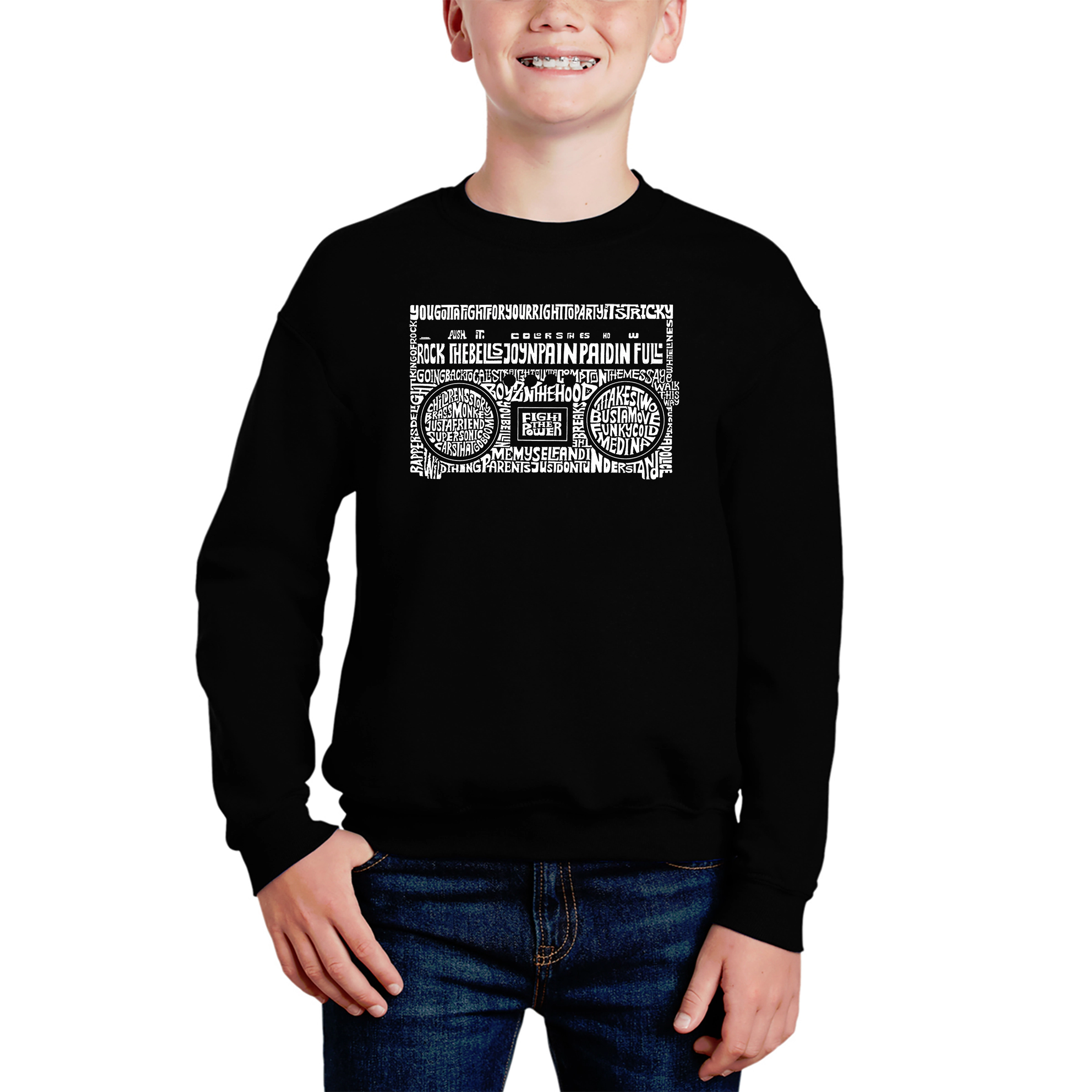 LA Pop Art Boy's Word Sweatshirt - Greatest Rap Hits Of The 1980's