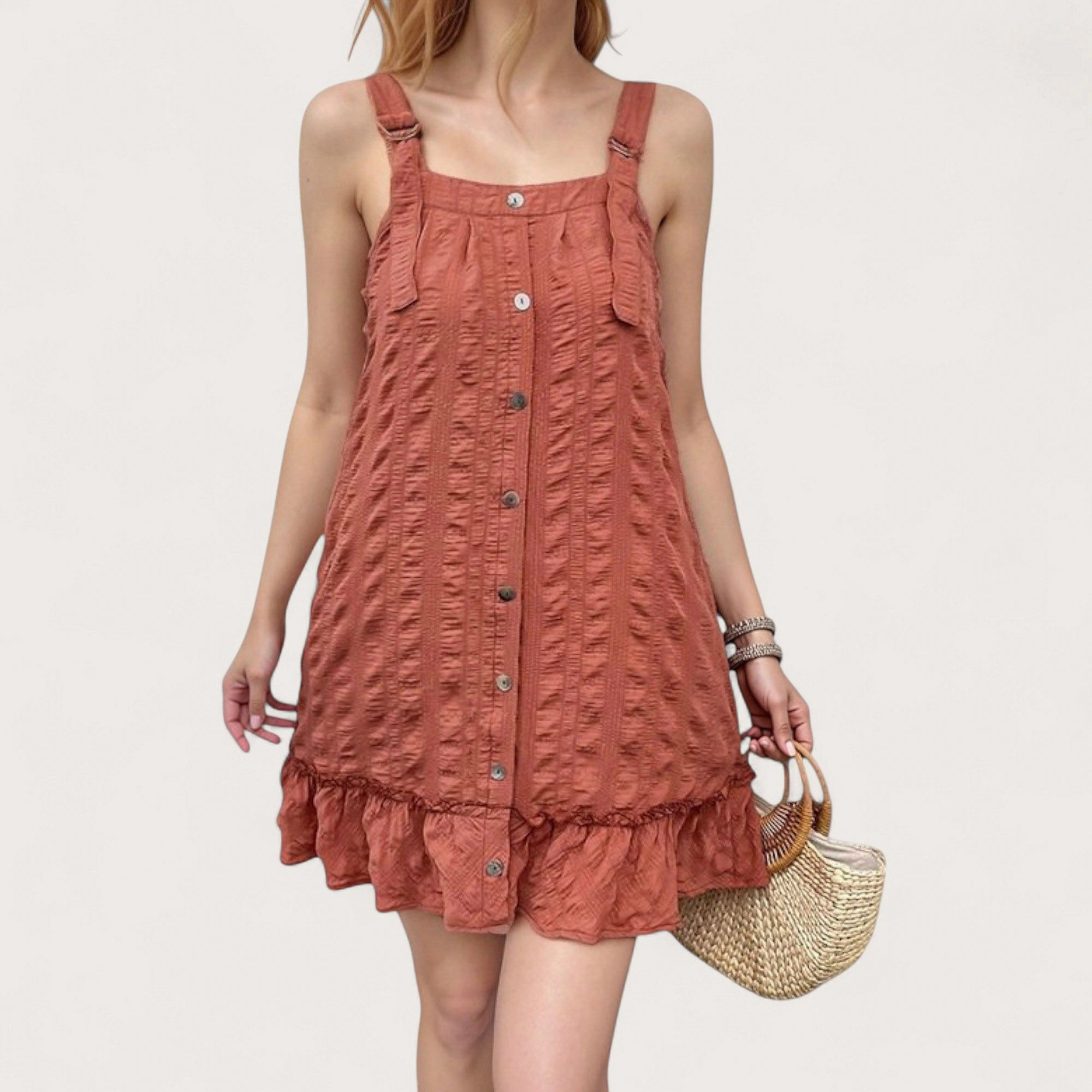 Anna-Kaci Women's Textured Button-Front Overall Dress with Adjustable Straps and Ruffle Hem
