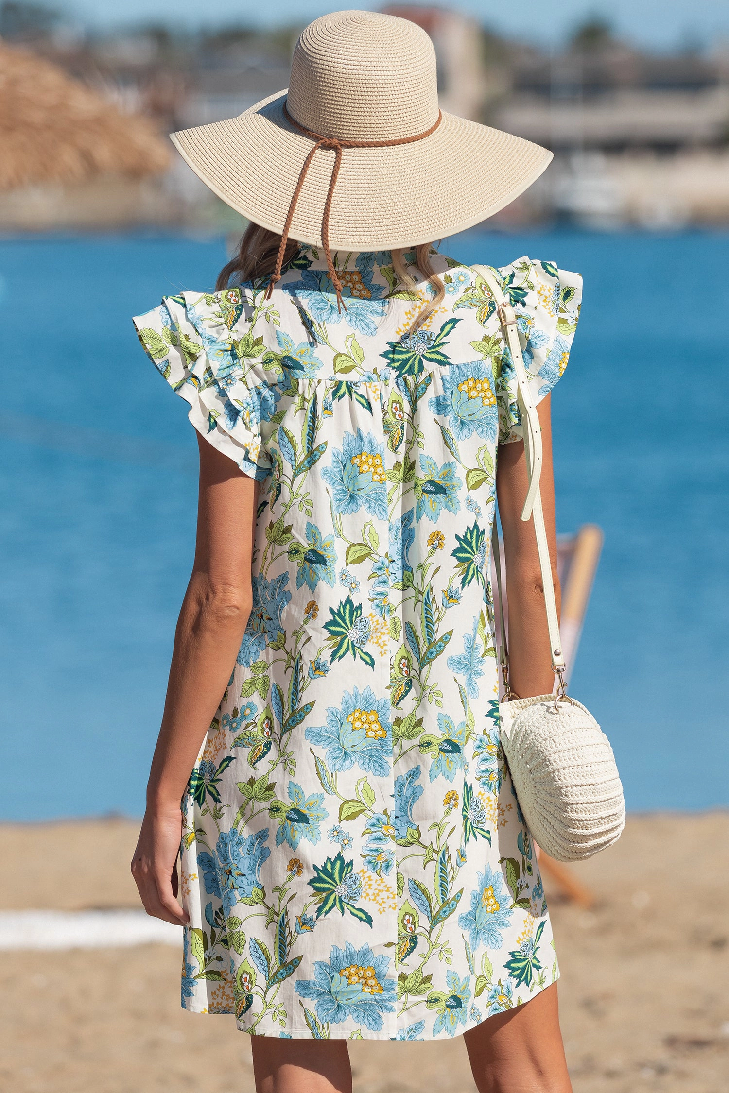 Threaded Pear Womens Giuliana Sleeve Shift Mini Dress - Floral V-Neck, Triple Ruffle Sleeves