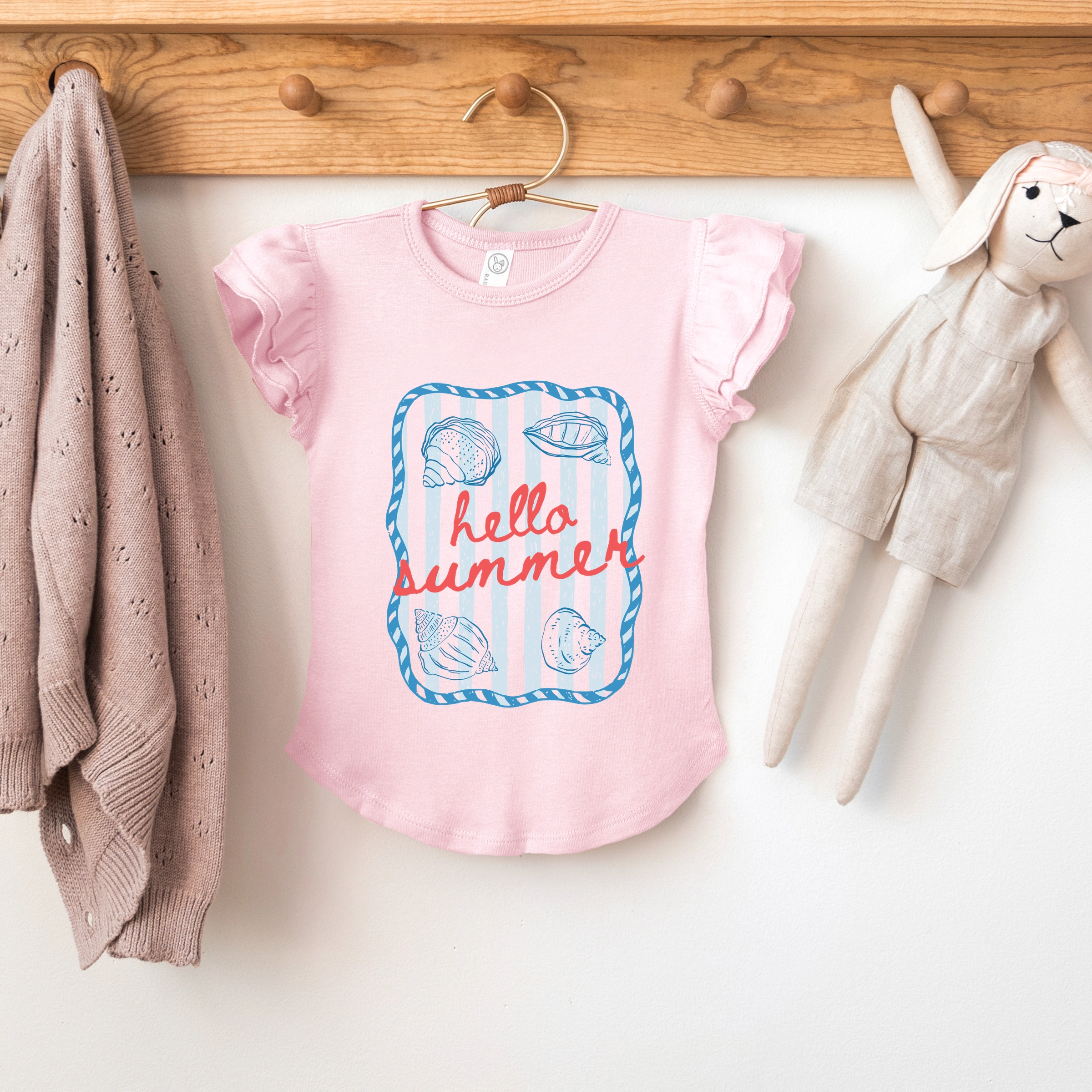 The Juniper Shop - Girl's Flutter Sleeve Graphic T-Shirt Hello Summer Sea Shells