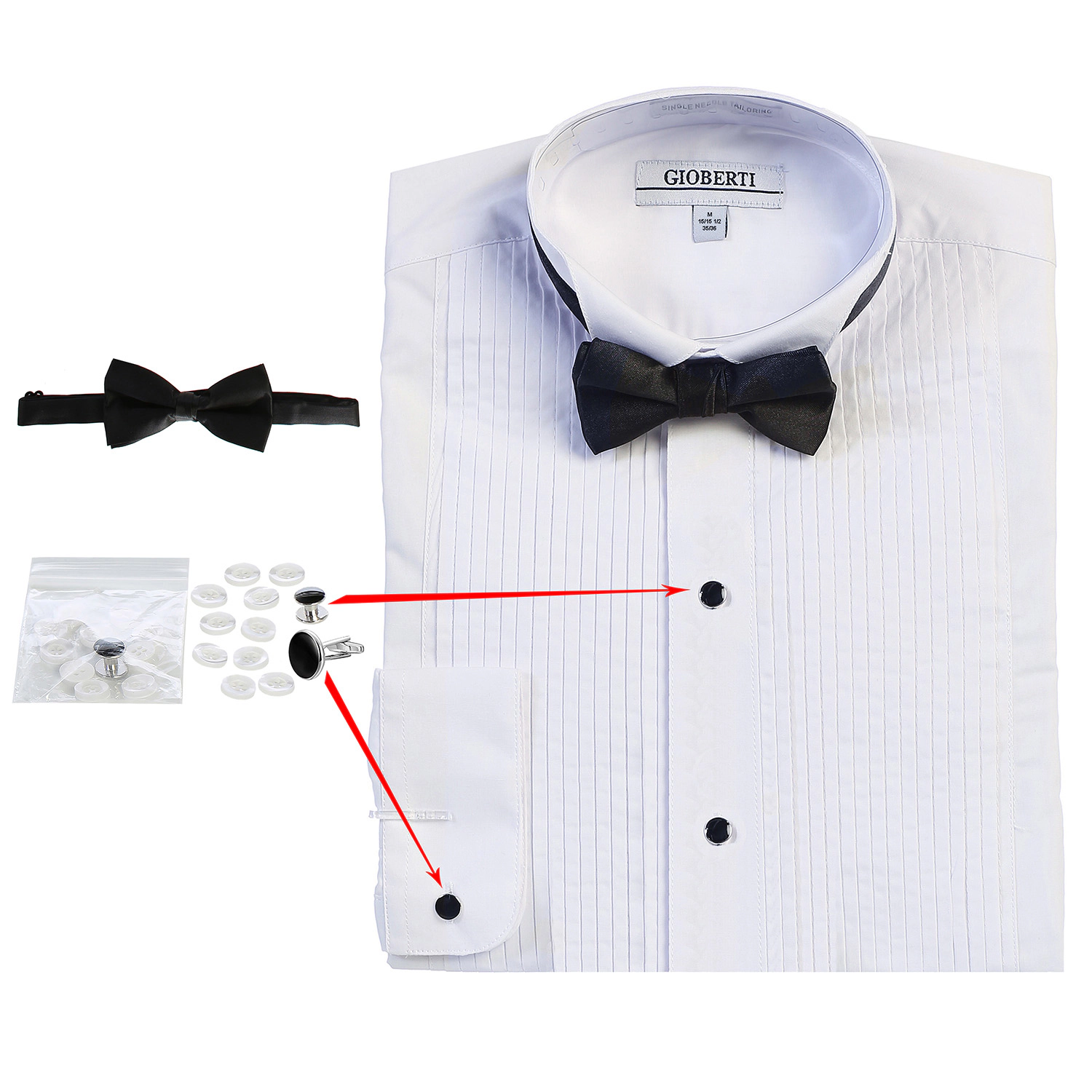 Gioberti Men's Wing Tip Collar White Tuxedo Dress Shirt with Bow Tie