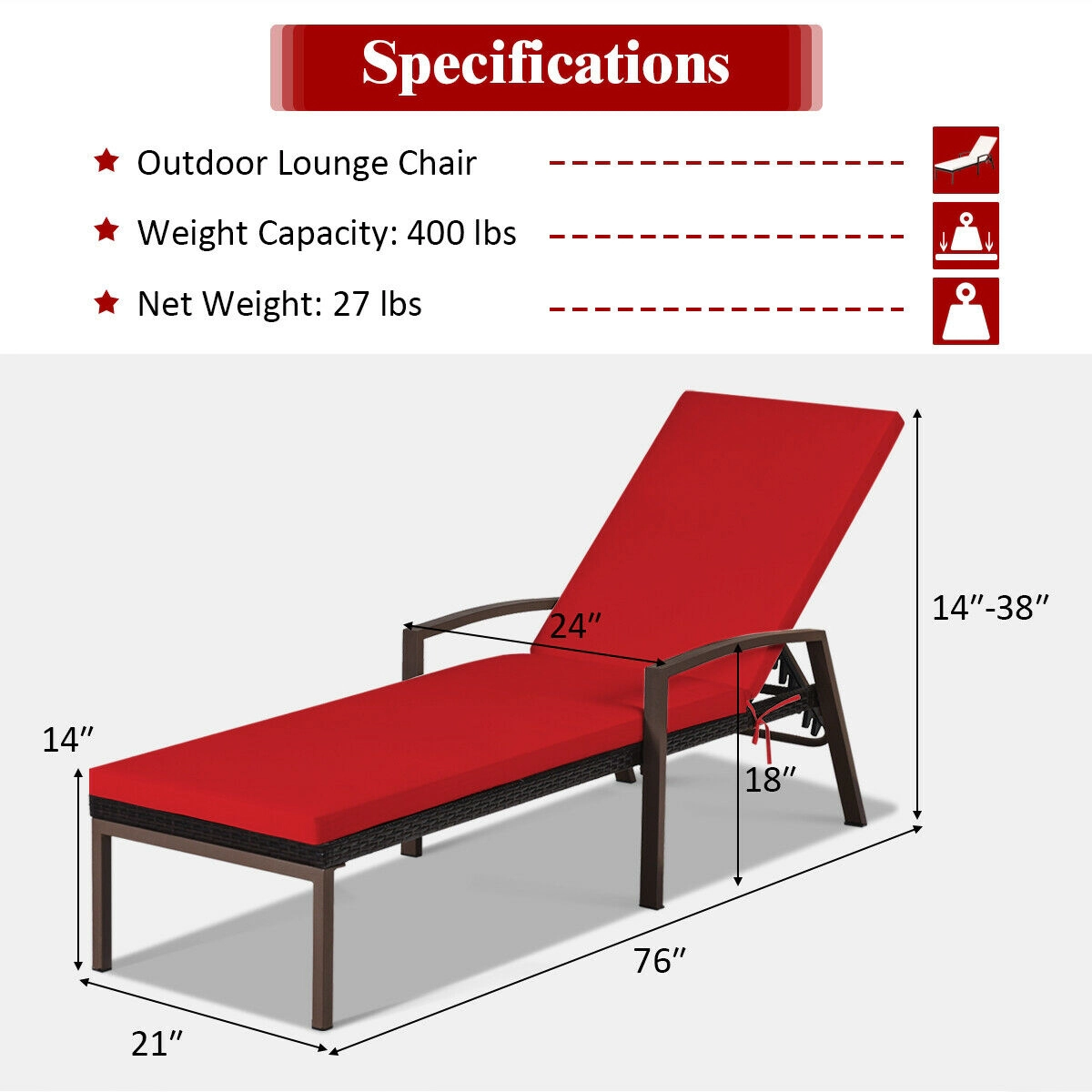 SUGIFT Adjustable Backrest Patio Rattan Lounge Chaise Recliner 400-lb Capacity with Cushion Red/White/Turquoise