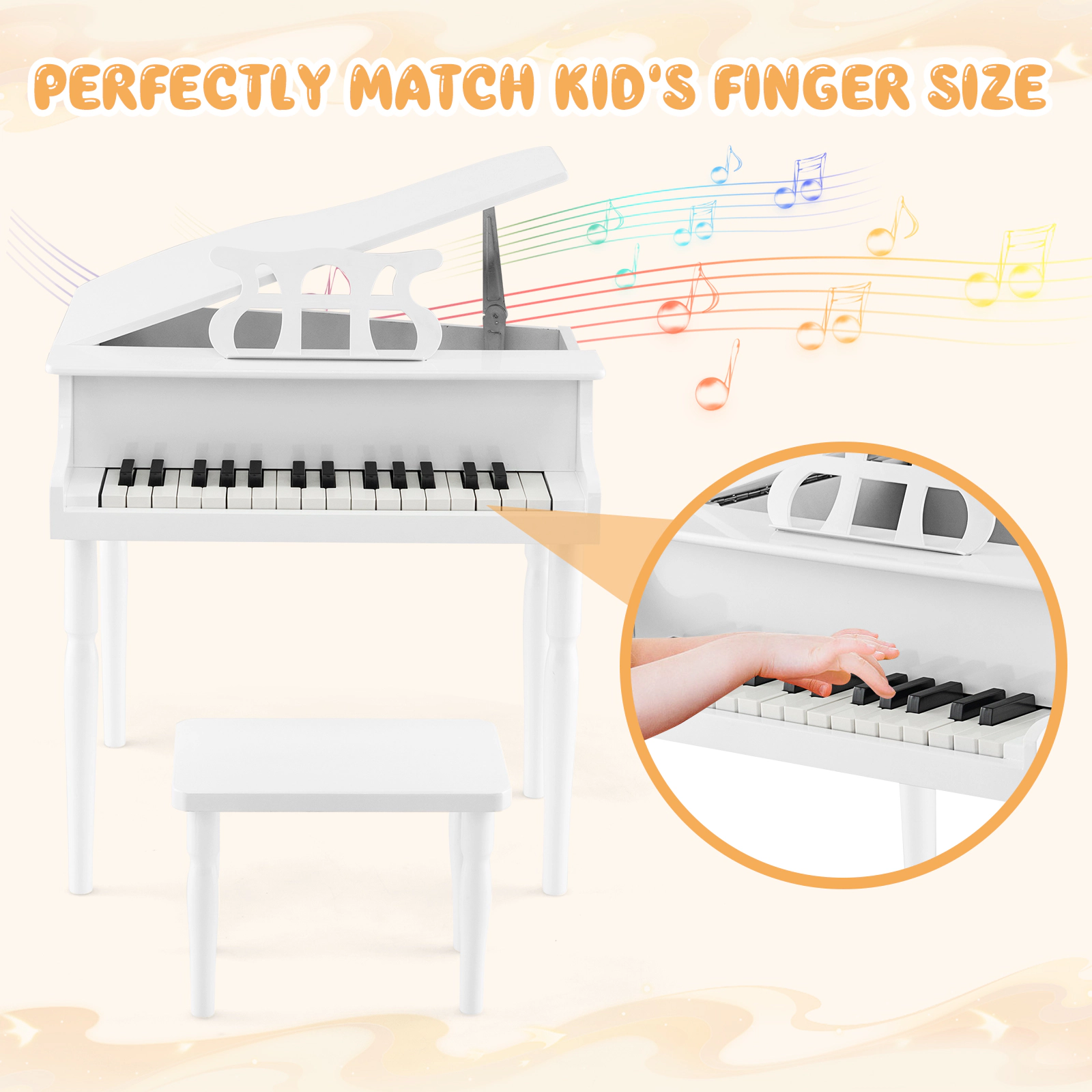 SUGIFT White 30-Key Wood Kids Grand Piano with Bench Music Rack and Child-Friendly Curved Angles