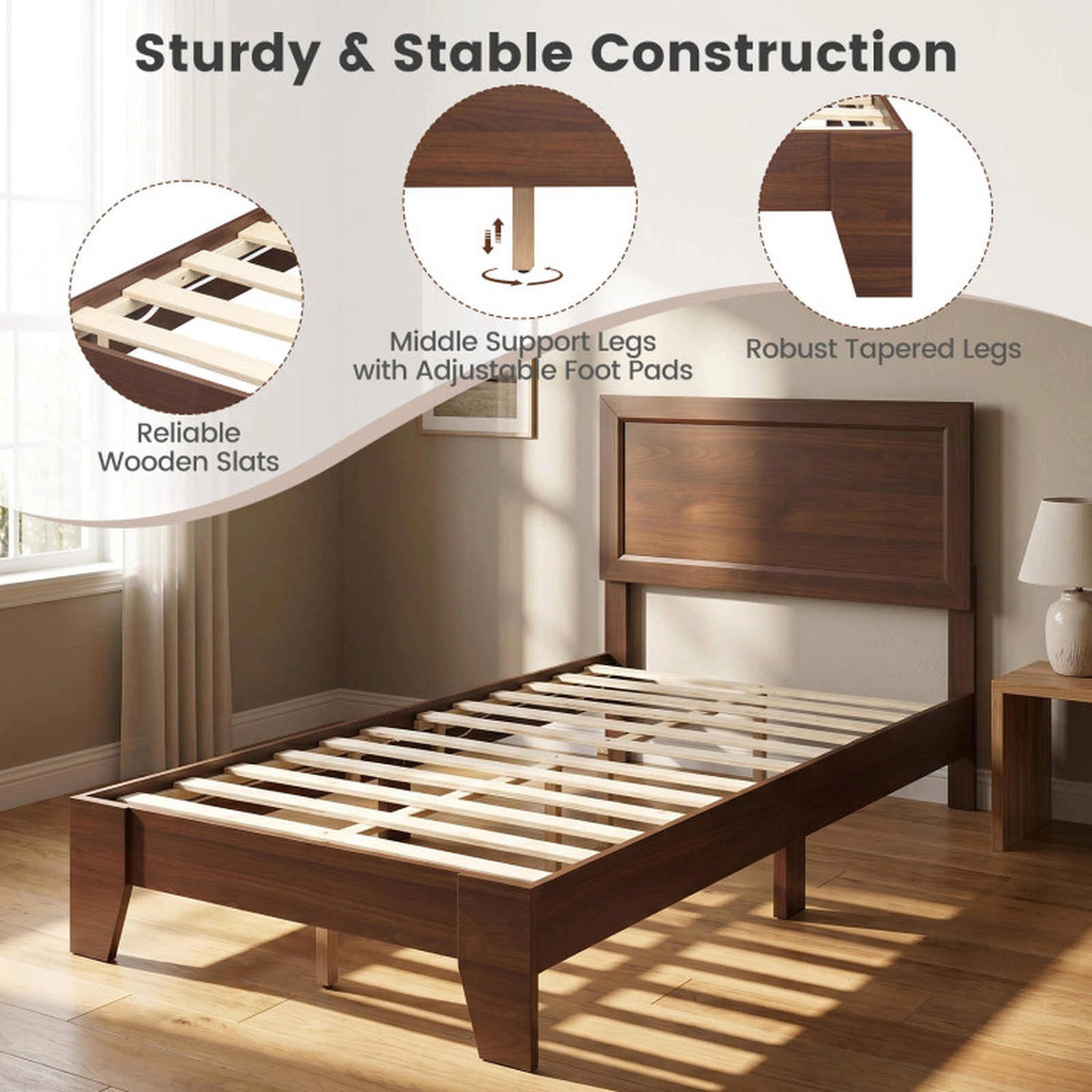 SUGIFT Twin Size Platform Bed Frame with Mid-Century Headboard 500-lb Capacity White/Walnut