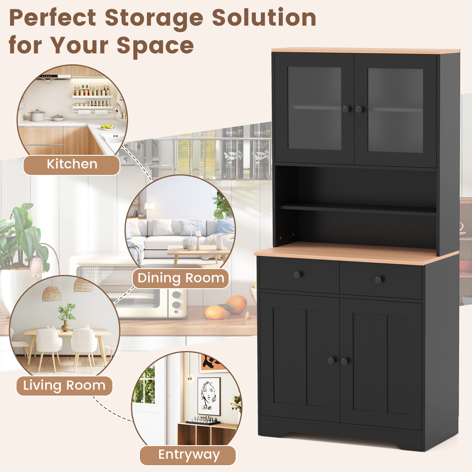 SUGIFT Pantry Storage Cabinet with 2 Shelves and Glass Doors 67-in Tall Sideboard with Drawers and Countertop Black