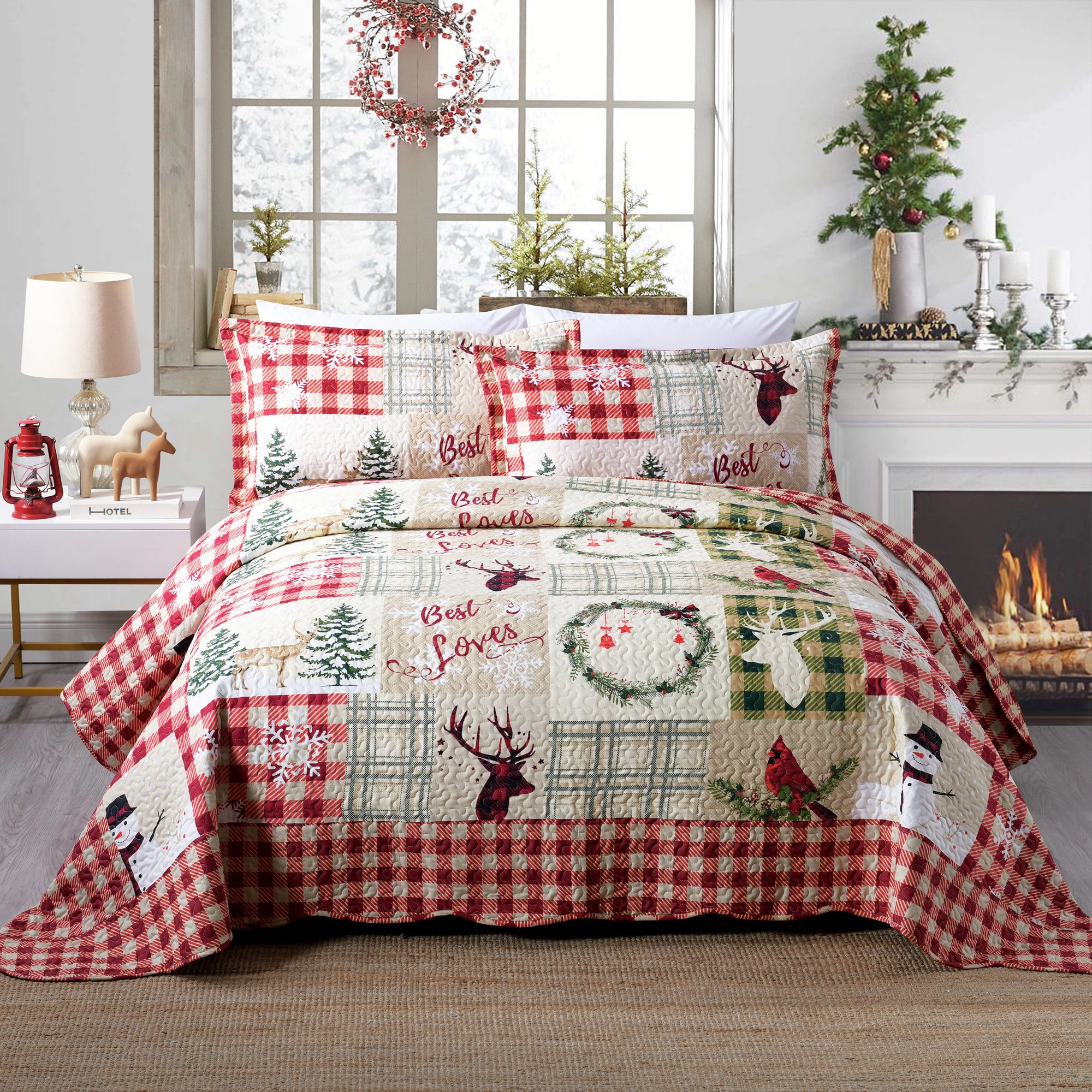 MarCielo 3 Piece Christmas Snowman Reversible Quilt Set Lightweight Holiday Bedspread Set