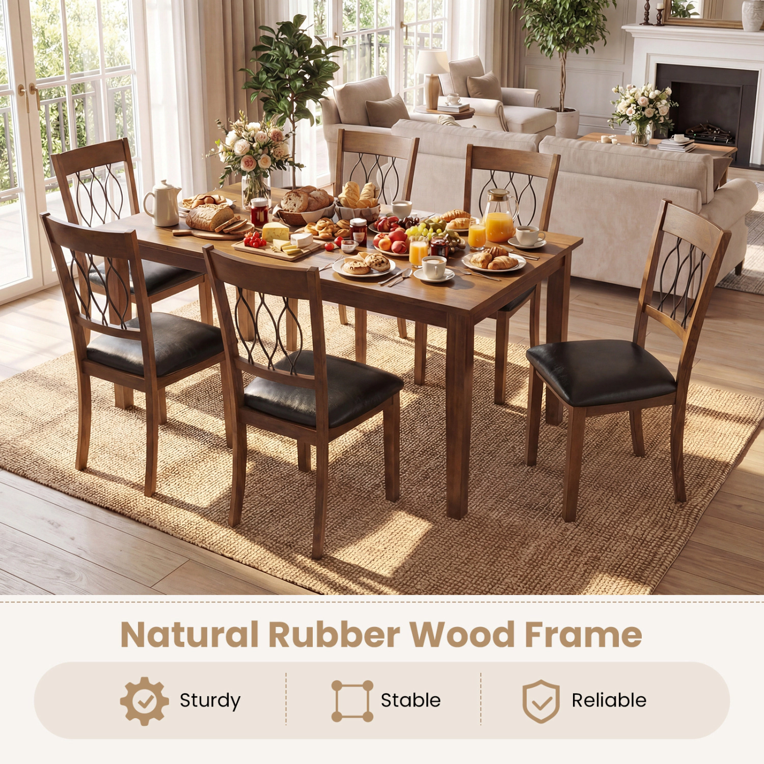 SUGIFT Walnut Faux Leather Upholstered Padded Seat Hollow Back Set of 2 Dining Chairs