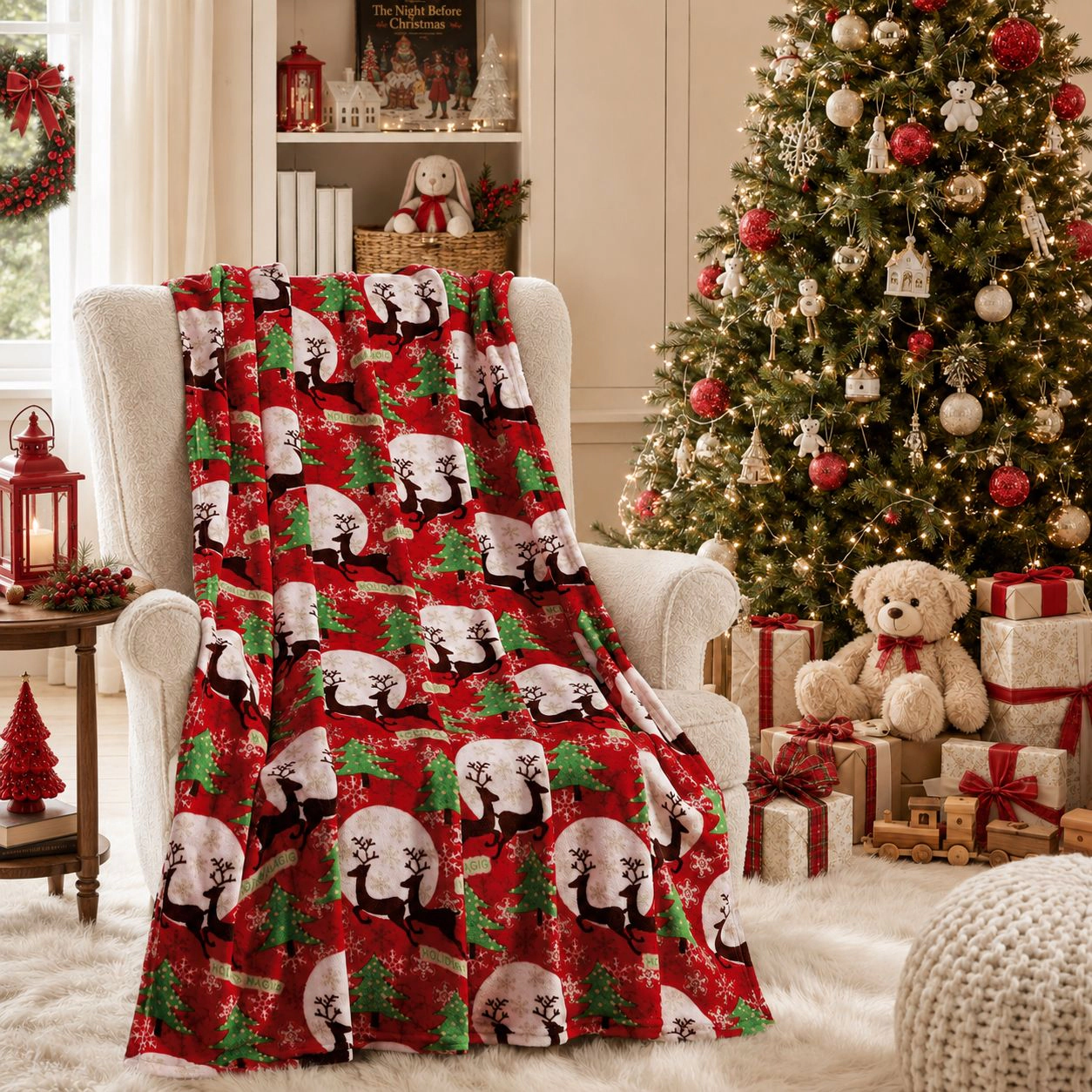 Kate Aurora Holiday Living Christmas Holiday Magical Reindeer Plush Accent Red Throw Blanket