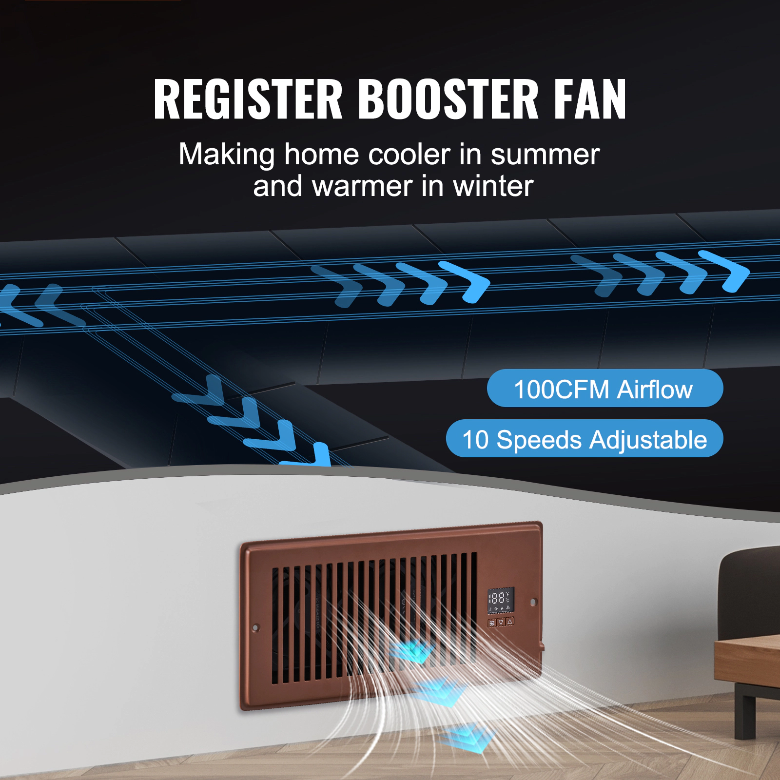 HONGGE Register Booster Fan Quiet Vent Fits Holes with Remote Control and Thermostat