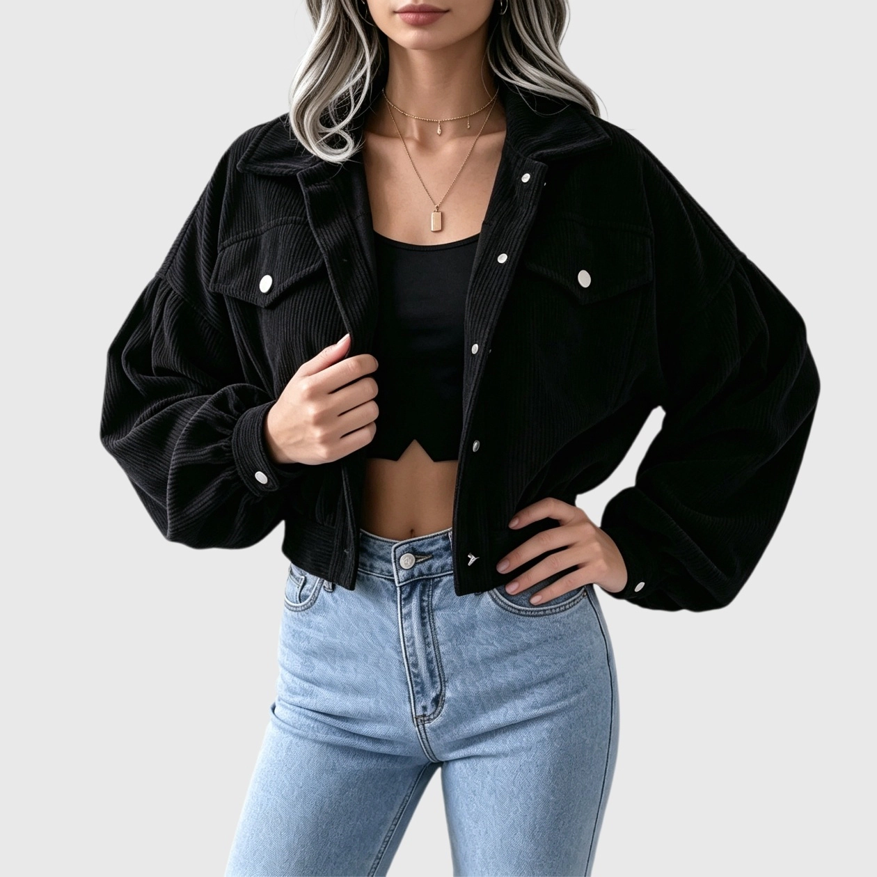 YesFashion Women's Cropped Corduroy Jacket Casual Collared Button Down Long Sleeve Work Coat Blazer