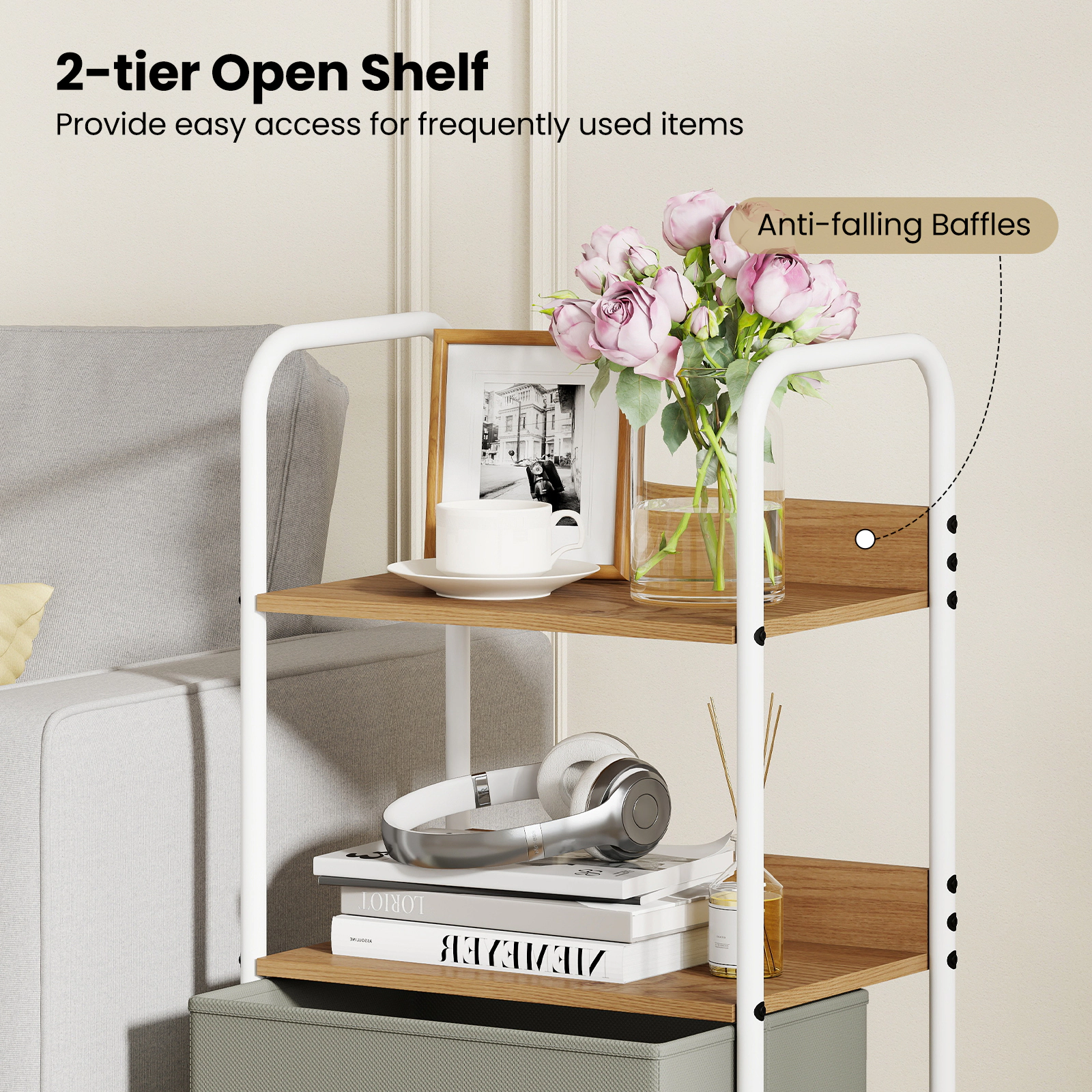 SUGIFT Rolling Utility File Storage Cart 2 Open Shelves & 2 Fabric Drawers 22-lb Shelf Capacity Natural + Gray + White