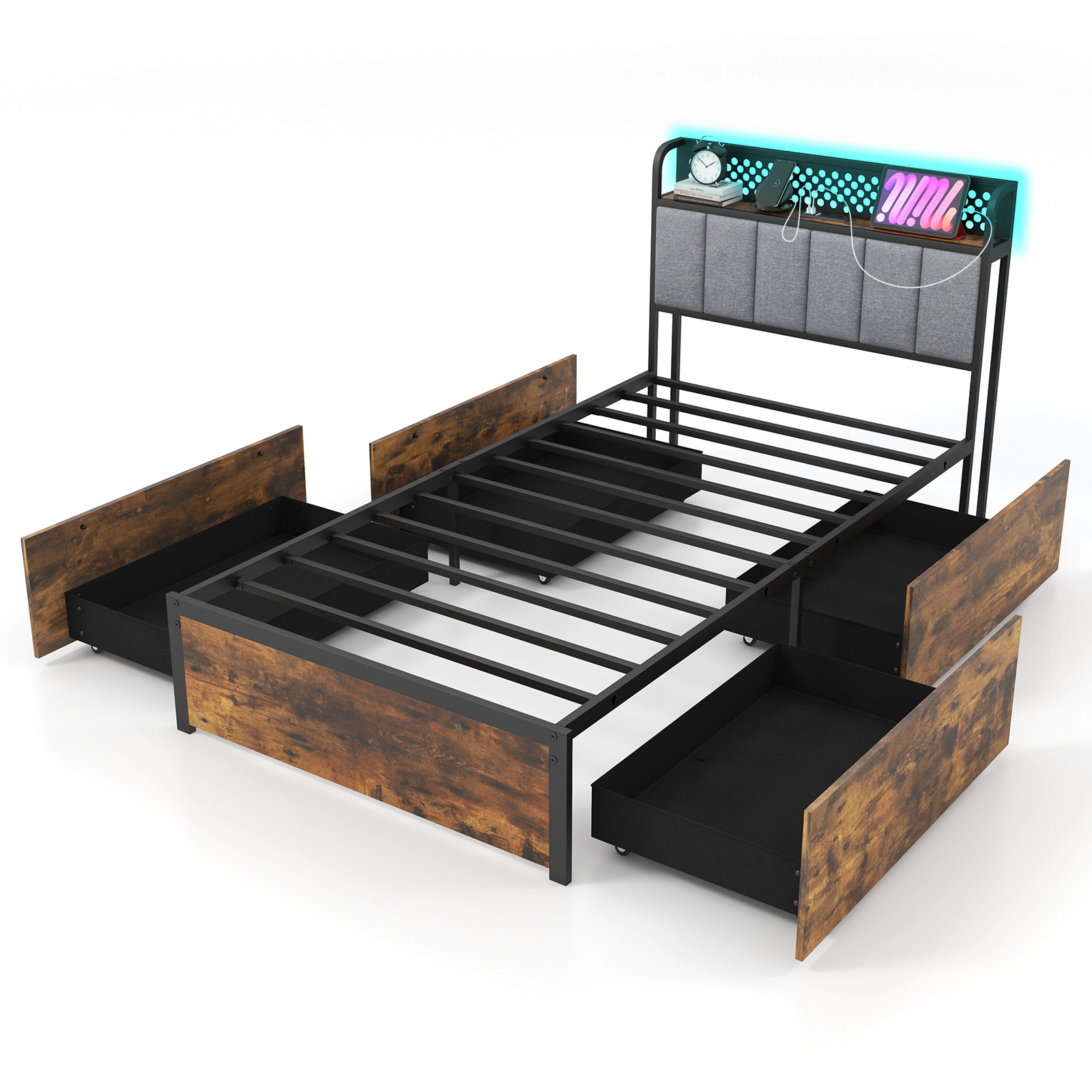 SUGIFT Twin Size 4-Drawer LED Storage Bed Frame with Upholstered Headboard and Power Outlets Rustic Brown