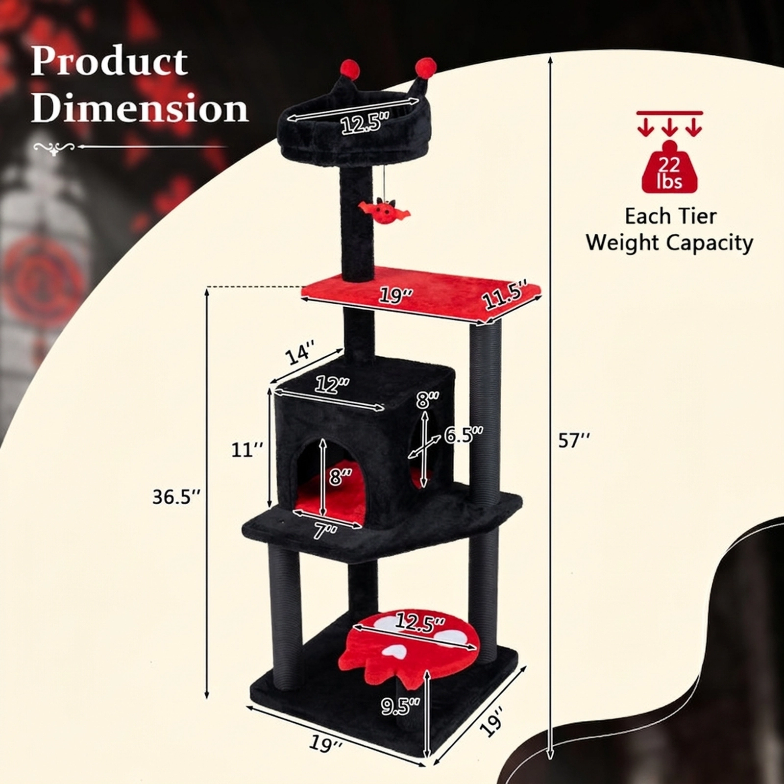 SUGIFT 57-in Gothic Spooky Cat Tree Tower with Padded Perch Condo and Spider Hanging Toy 22-lb Capacity Red and Black