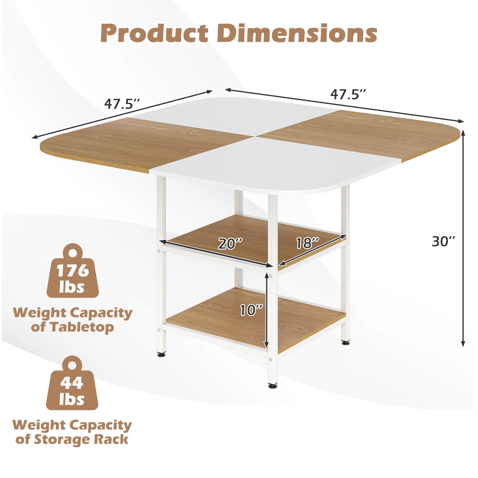 SUGIFT 47.5-Inch Square Dining Table for 4 with 2-Tier Shelves and Metal Frame