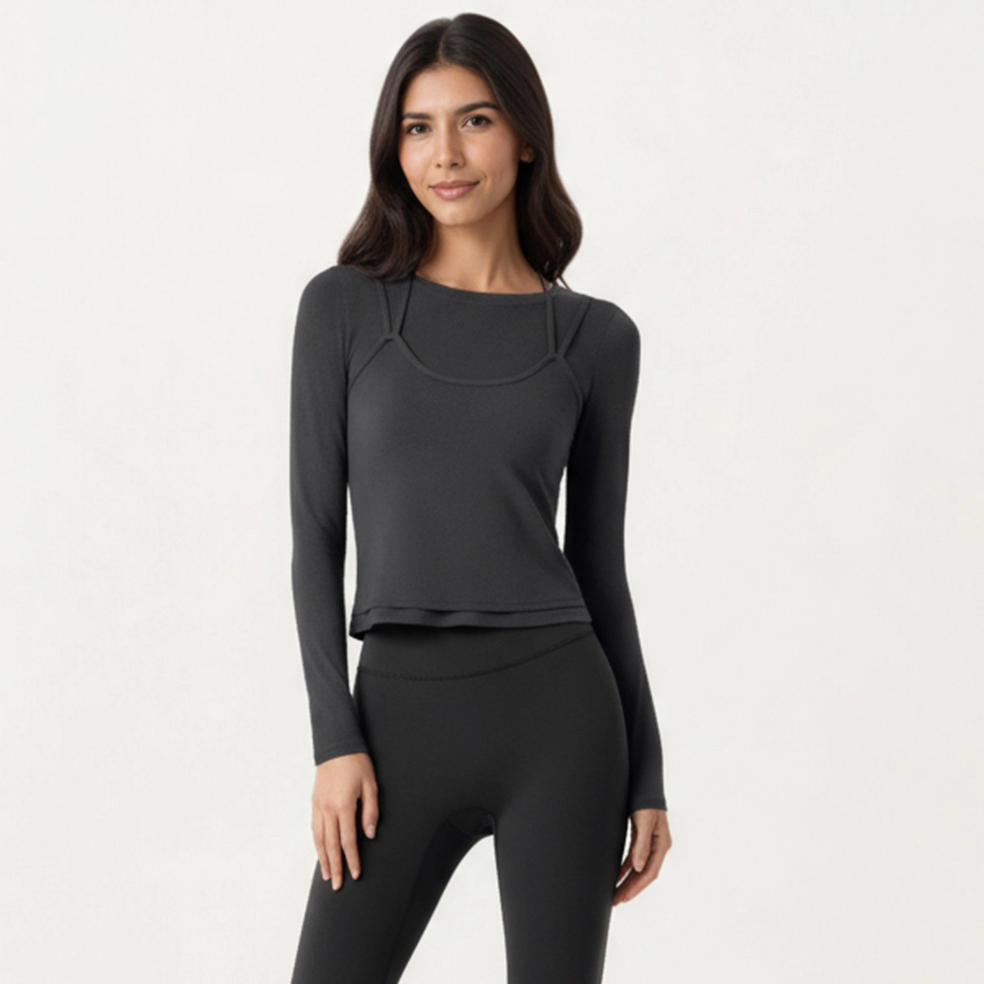 Anna-Kaci Women's Long Sleeve Active Top with Layered Strap Detail Slim Contoured Fit and Modern Minimal Silhouette