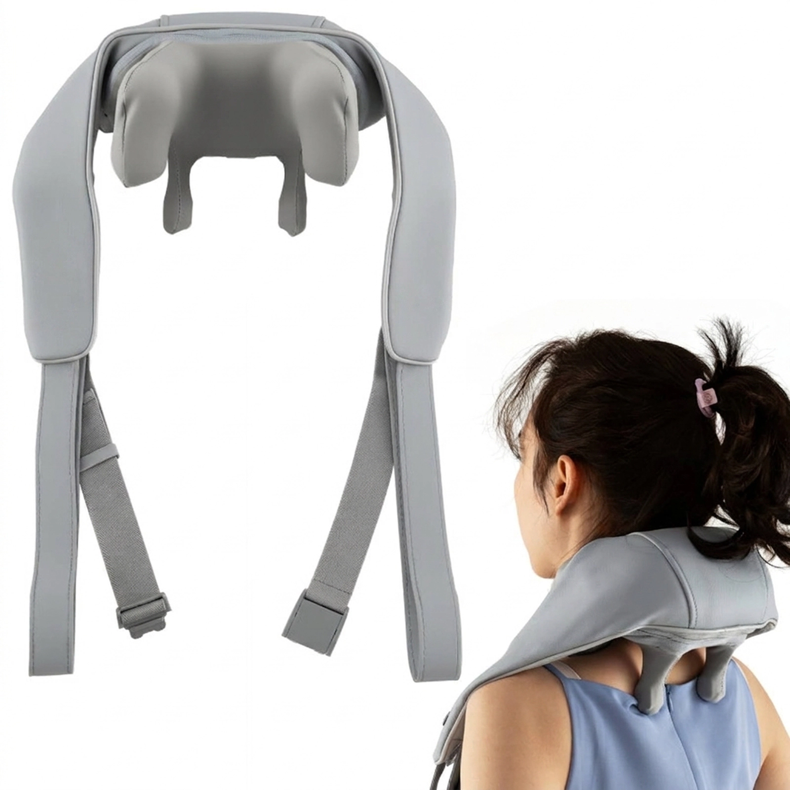SUGIFT 4D Deep Tissue Shiatsu Neck Shoulder Massager with Heating Pulling Handles and Adjustable Straps Cordless Gray