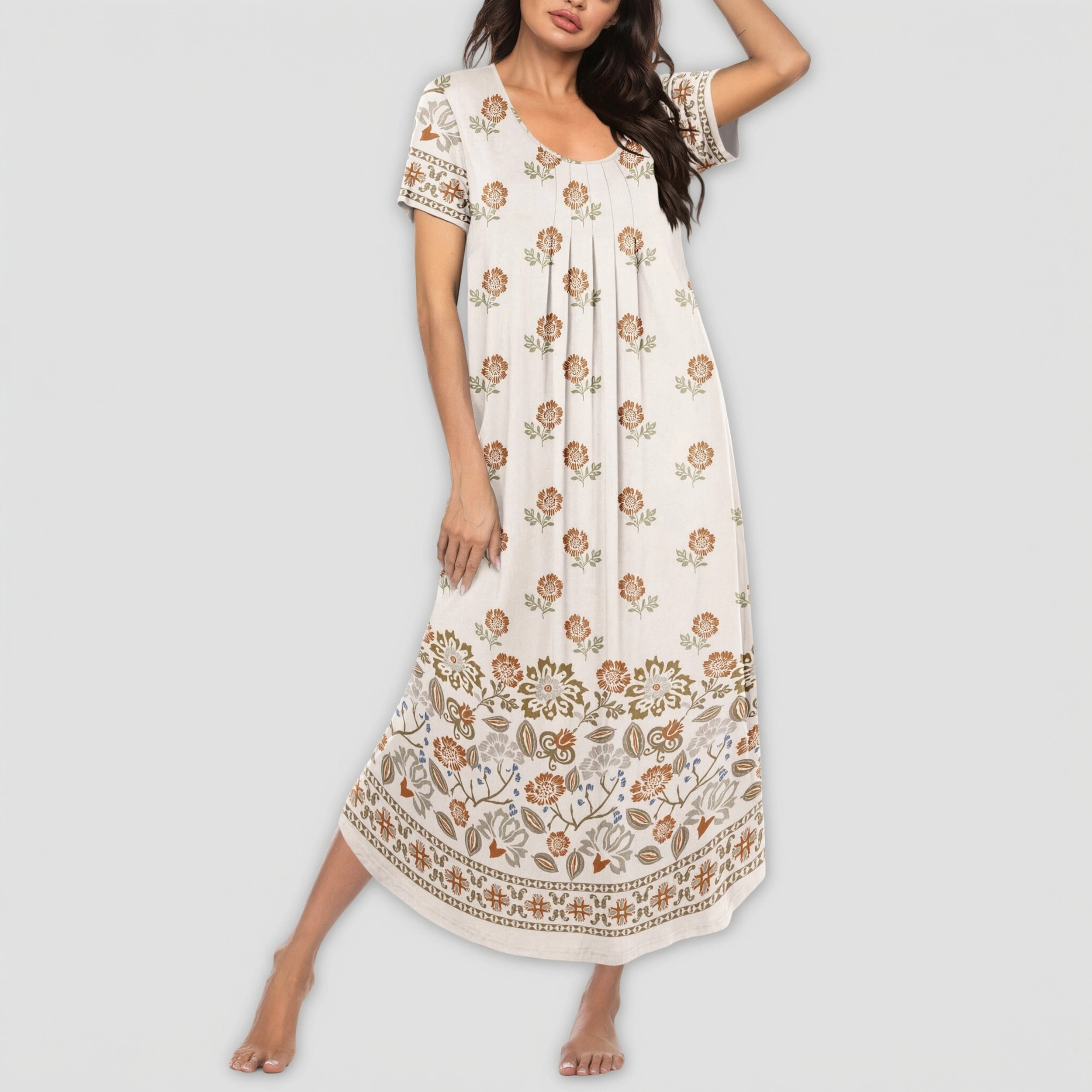 Ekouaer Long Nightgowns for Women Soft House Dress Pleated Front Nightshirt Full Length Loungwear