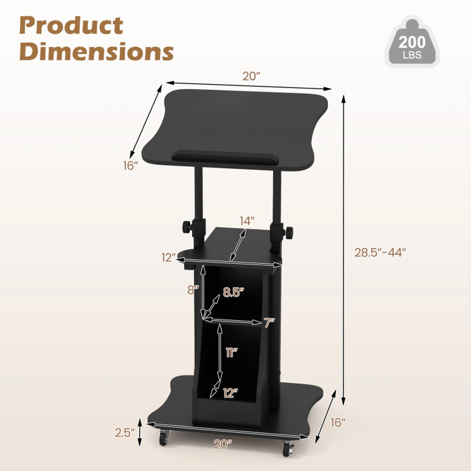 SUGIFT 200-lb Capacity 28.5-in to 44-in Sit-to-Stand Rolling Laptop Desk Cart with Tilting Top and Shelves