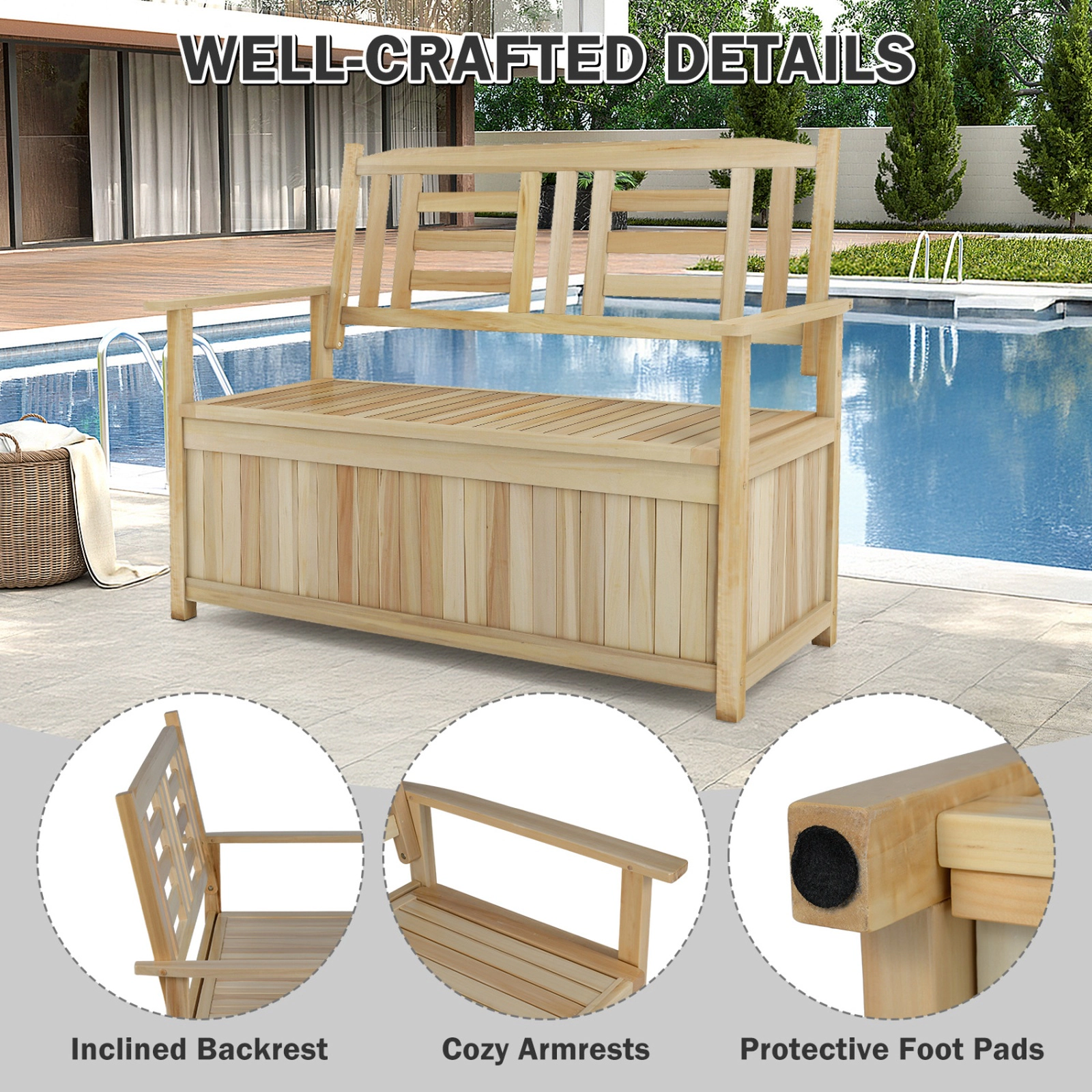 SUGIFT 48.5-In 2-Seat Natural Wood Outdoor Storage Bench, 49-Gal Deck Box, 550-Lb Capacity