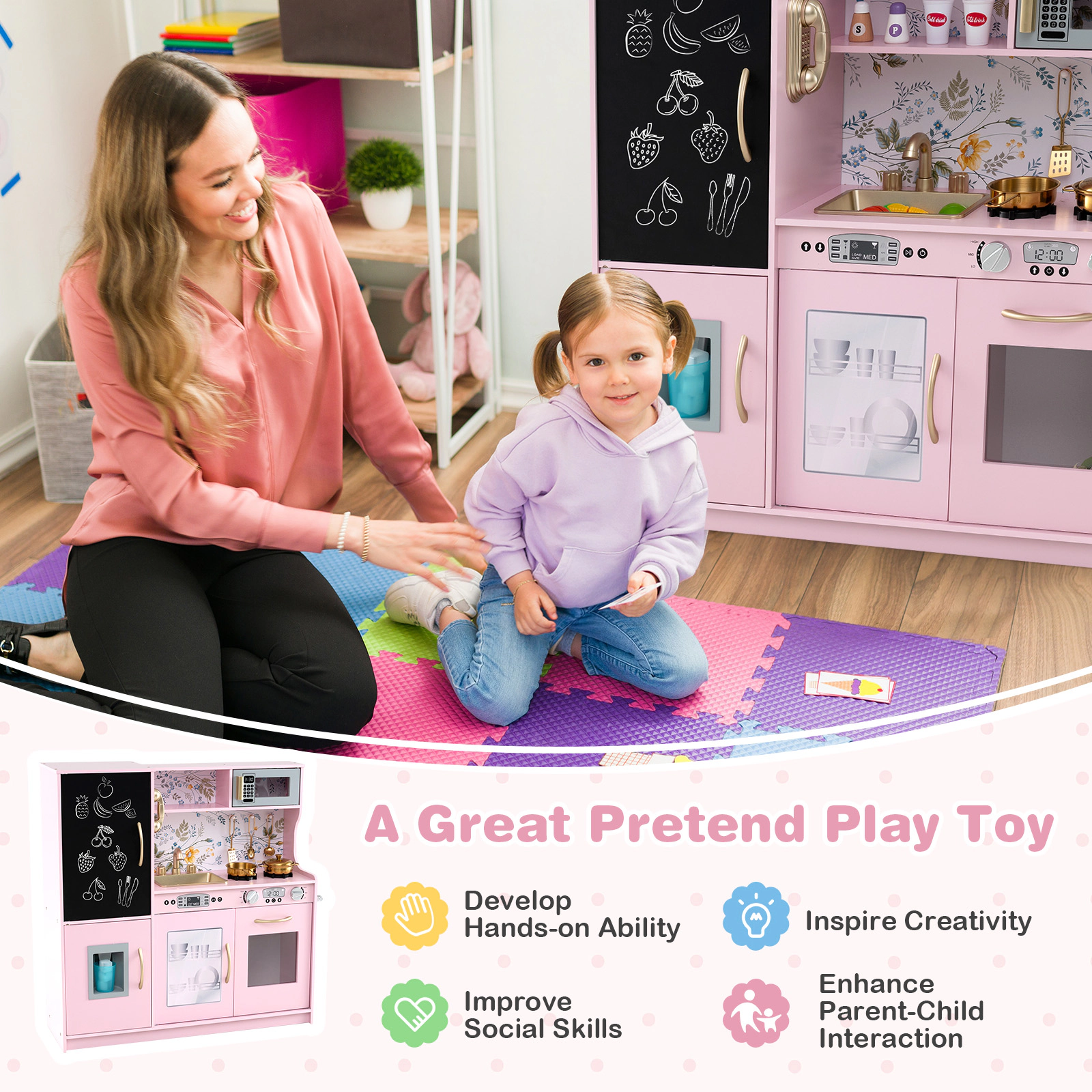 Light Pink Kitchen Playset Stove Cookware Lift-Out Sink Towel Rack 32-in Kitchen Play Set Blackboard Ages 3-6