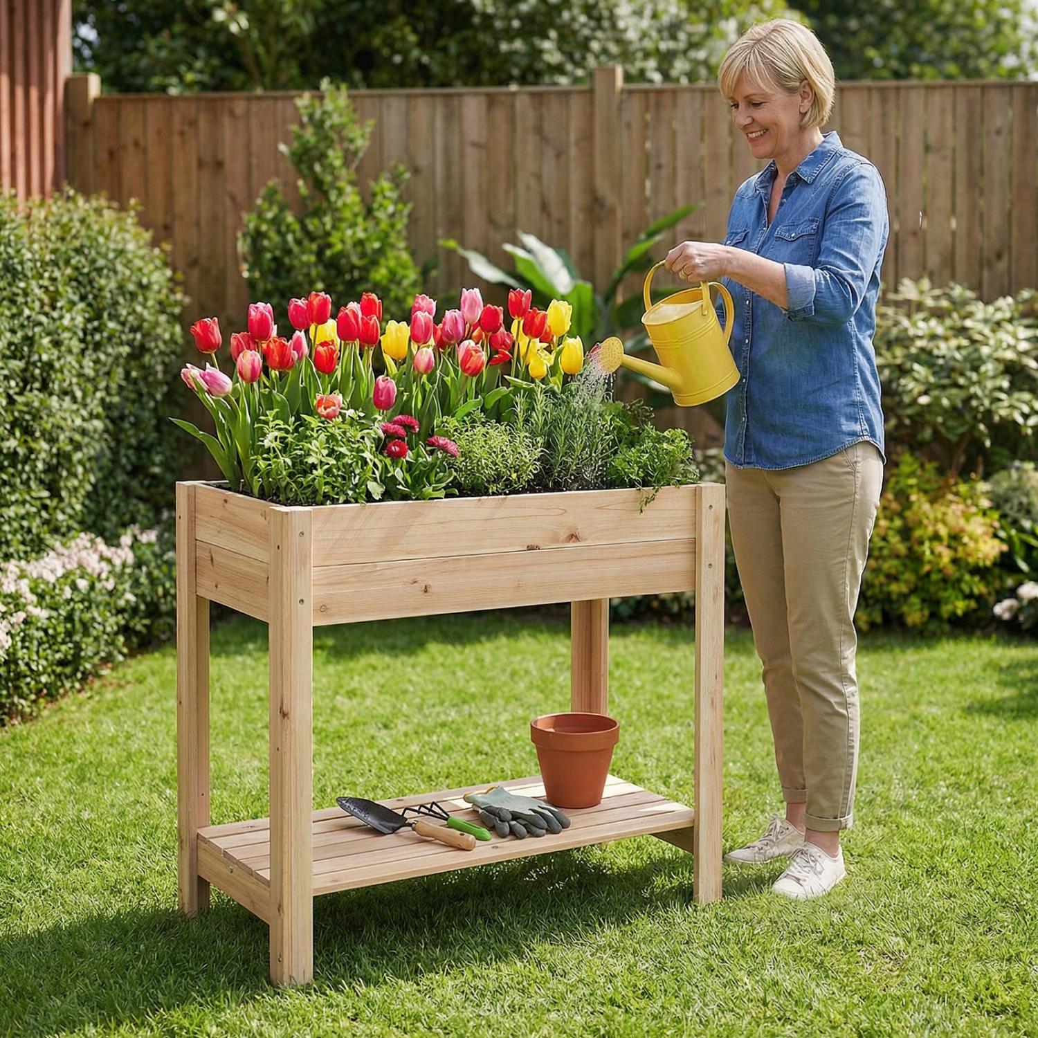 LJG Wooden Raised Garden Bed with Legs and Storage Shelf