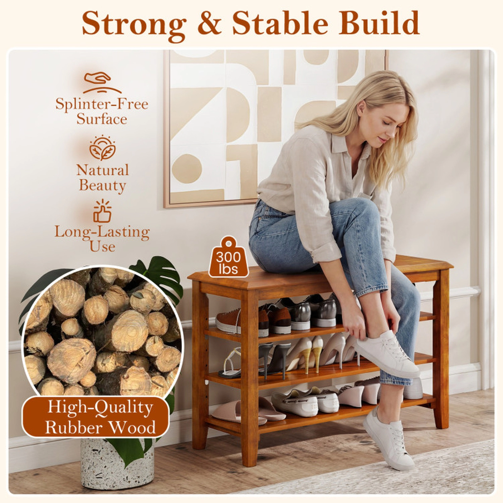 SUGIFT 3-Tier Brown 31.5-in Shoe Rack Bench with Adjustable Shelves for Entryway Storage and Seating