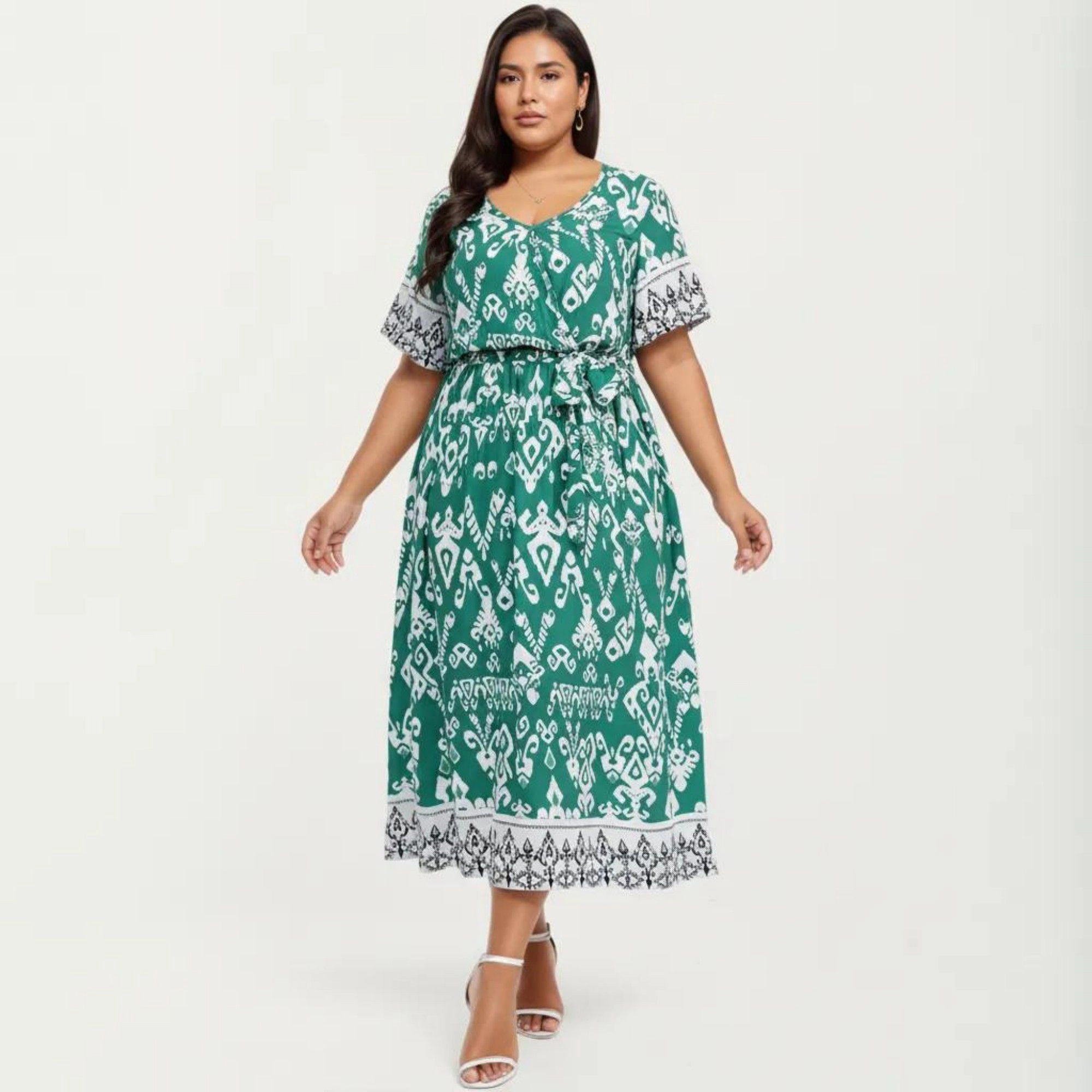 Anna-Kaci Women's Short Sleeve V Neck Waist Tie Belt All Over Print Border Detail Flowy Fit Midi Dress