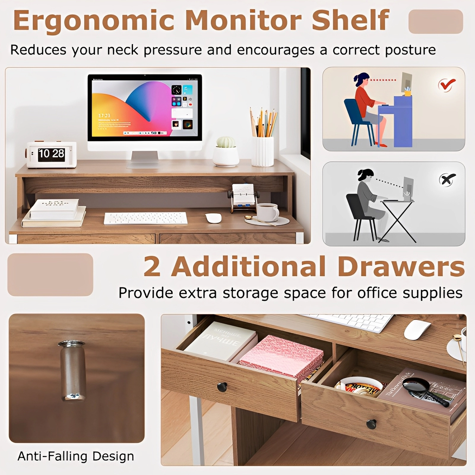SUGIFT Extendable Computer Desk with Pull Out Secondary Desk 33-lb Tabletop 110-lb Shelf Capacity Natural 2-Drawer