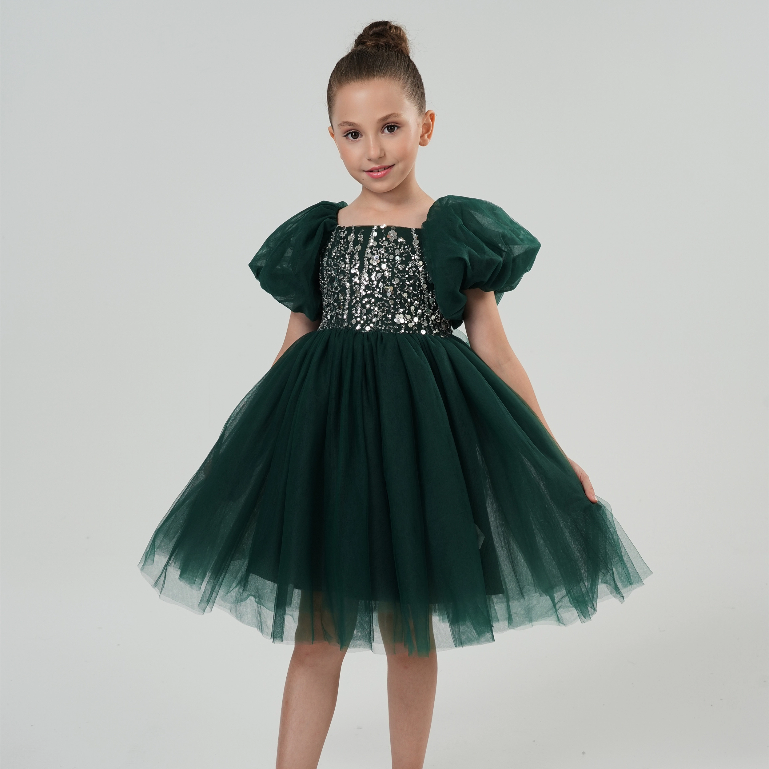 2Bunnies Girls’ Beaded Sequin Embellished Puff Sleeve Tulle Holiday Party Dress