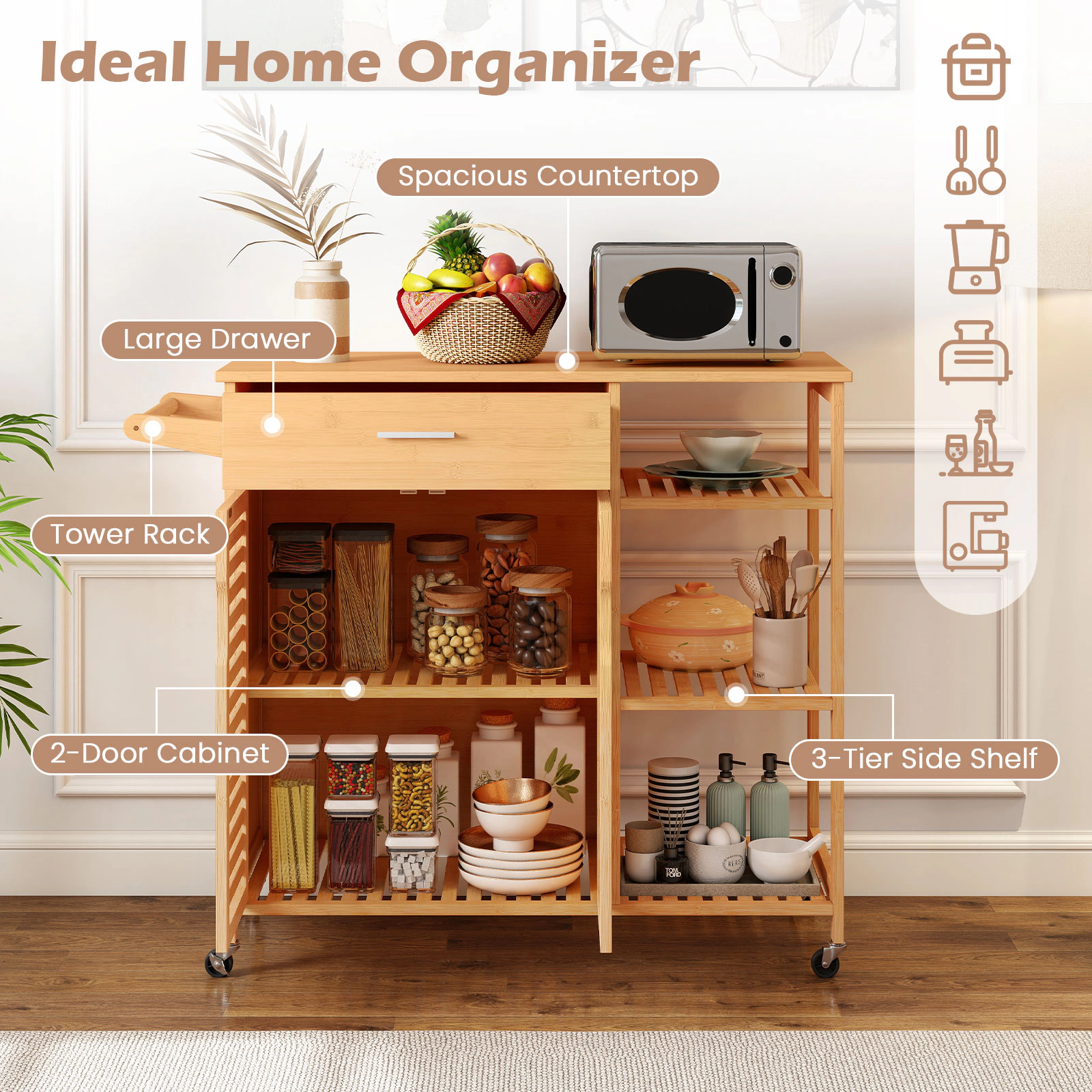 SUGIFT Natural Rolling Kitchen Island Cart on Wheels with Bamboo Top Drawer Cabinet and Towel Rack