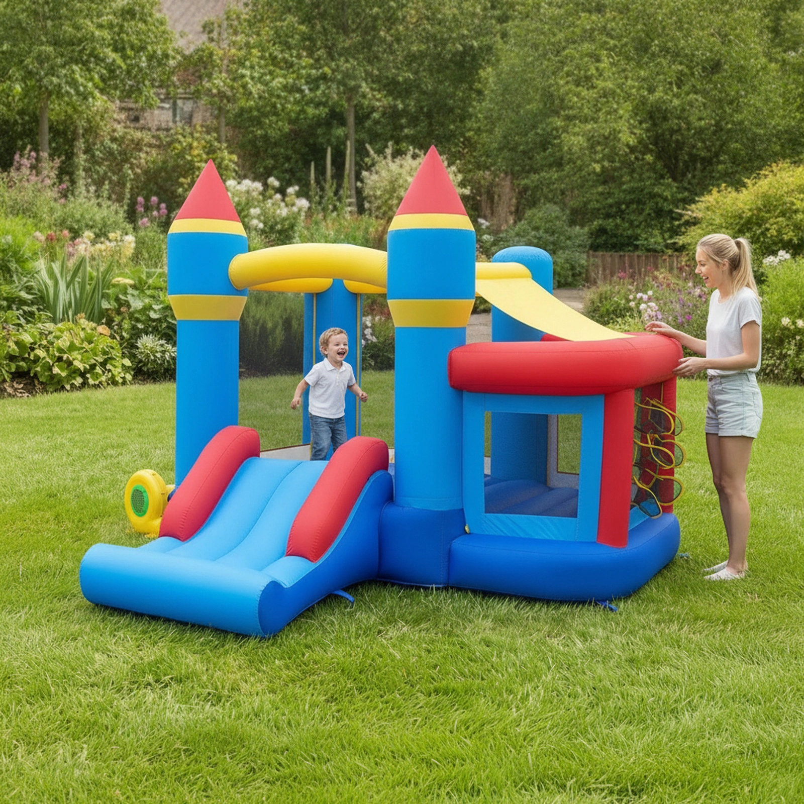 Inflatable Bounce House for Kids with 50 Ocean Balls Football Basketball Rim and 480W Blower for Birthday Party Carnival