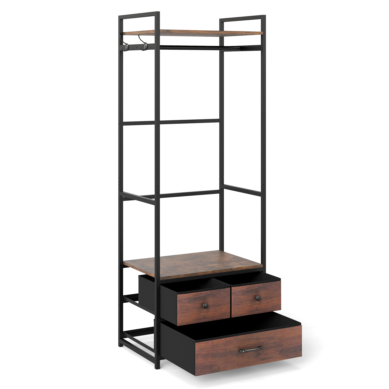 SUGIFT 69-in Tall Industrial Open Wardrobe Clothes Rack with 3 Fabric Drawers Shelves and Side Hooks