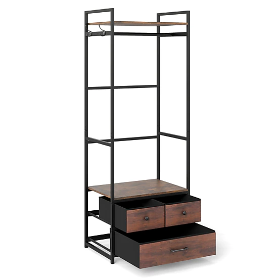 SUGIFT 69-in Tall Industrial Open Wardrobe Clothes Rack with 3 Fabric Drawers Shelves and Side Hooks