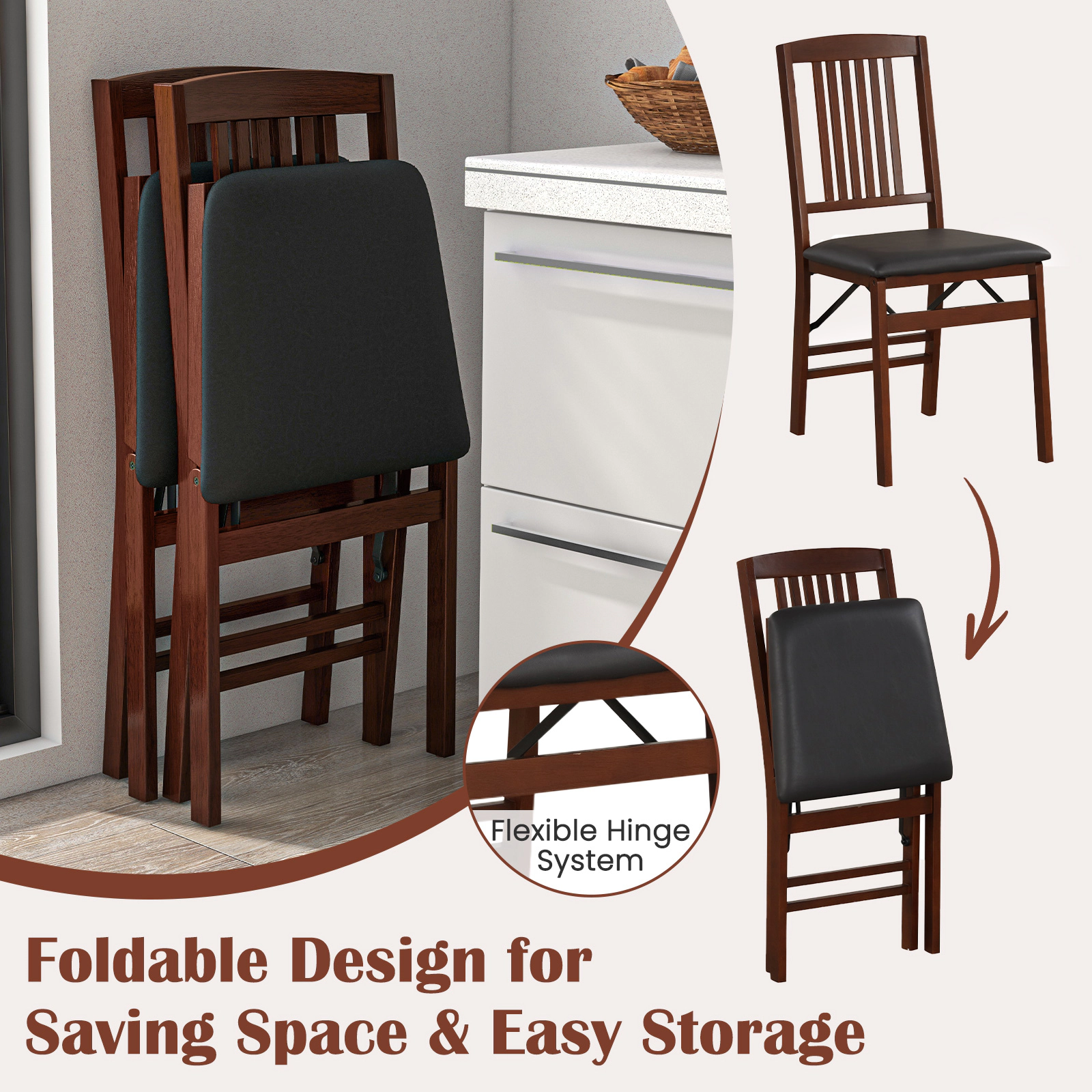SUGIFT Set of 2 Foldable Upholstered Kitchen Chairs with Padded PVC Seat 420-Lb Capacity Brown + Black
