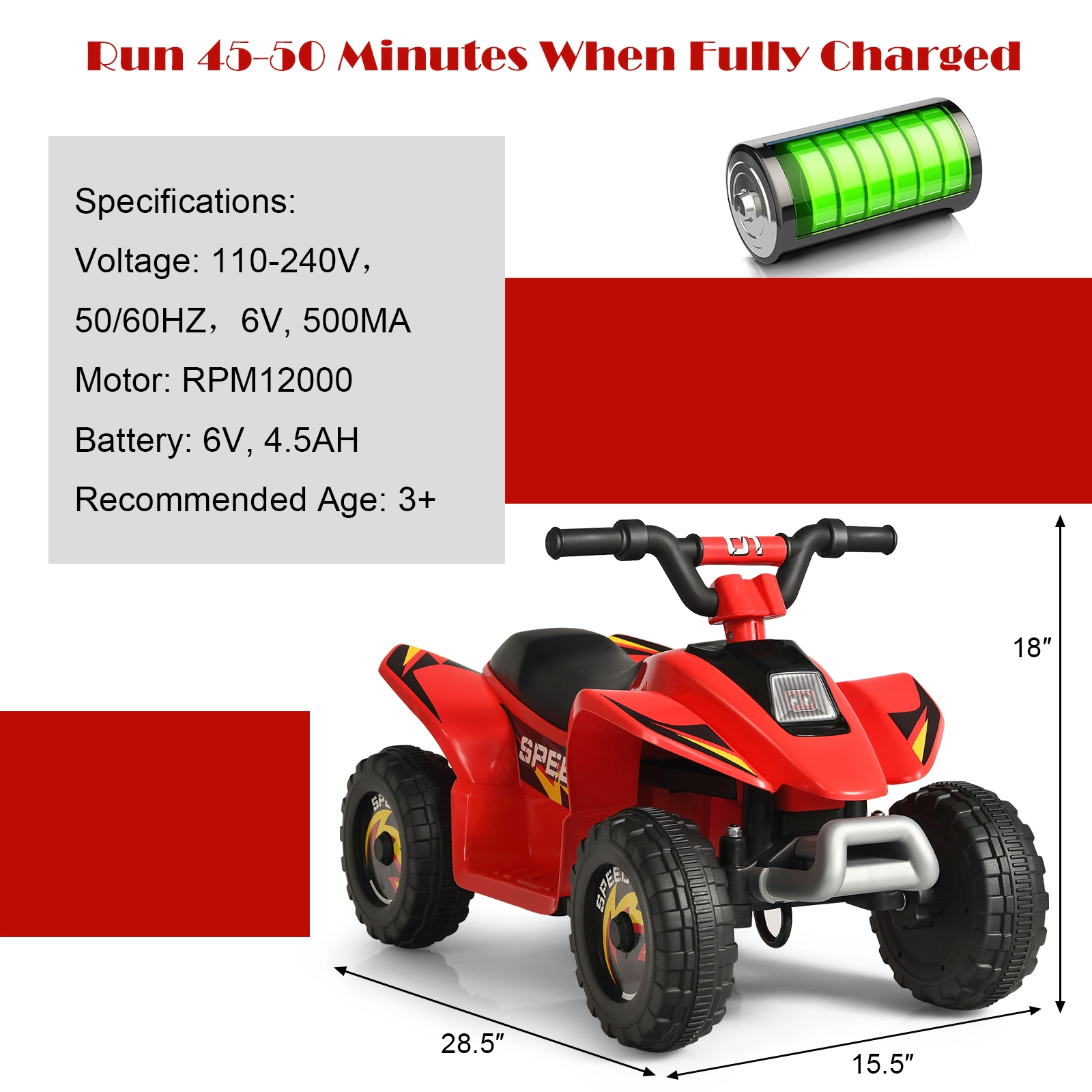 SUGIFT 6V Electric 4-Wheel Ride-On Quad ATV 66-lb Capacity Ages 3+ 28.5 x 15.5 x 18 in Body 50-Min Run Time Red