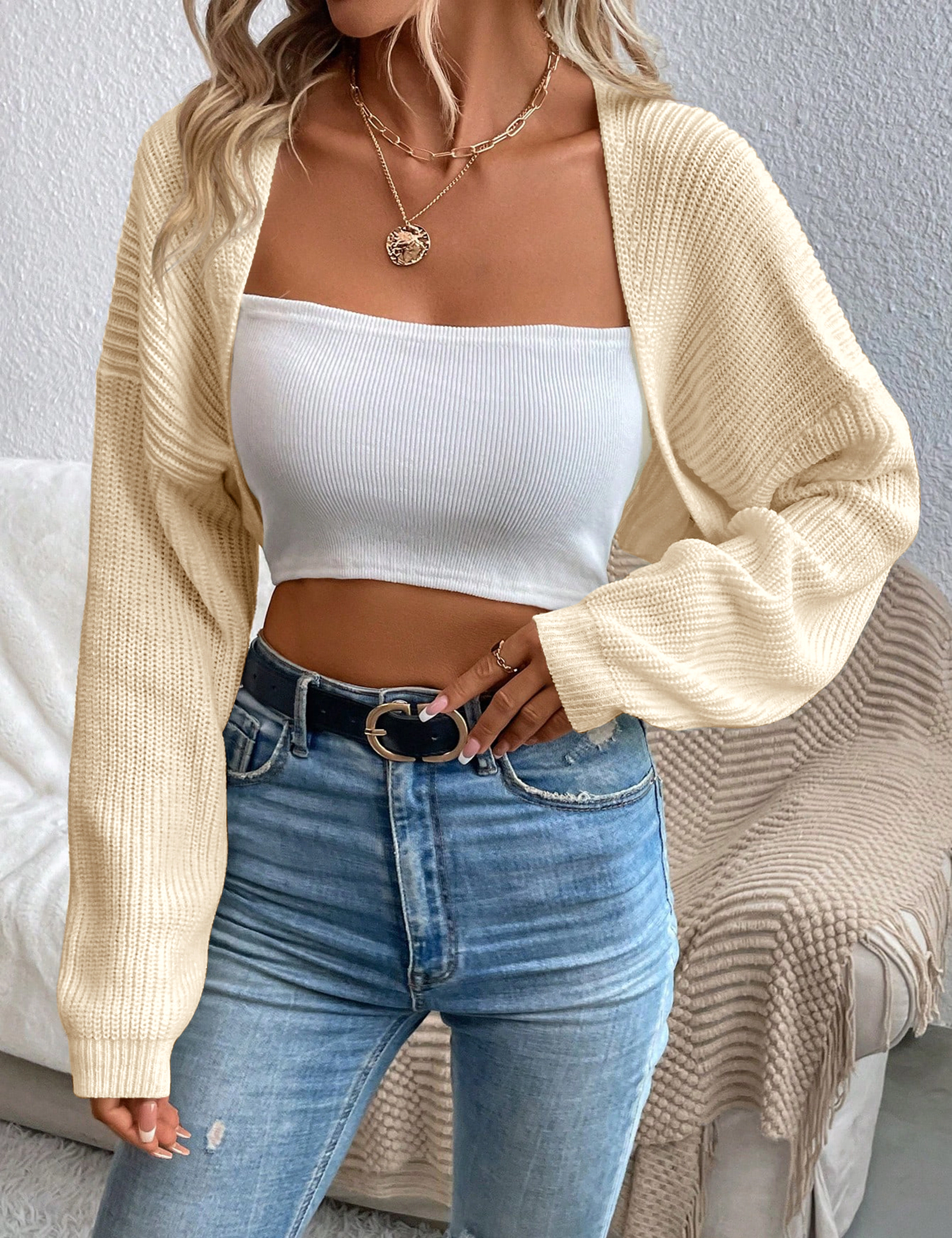 KOJOOIN Women's Cropped Cardigan Y2K Open Front Knit Bolero Shrug Lightweight Sweater Shoulder Cover Up