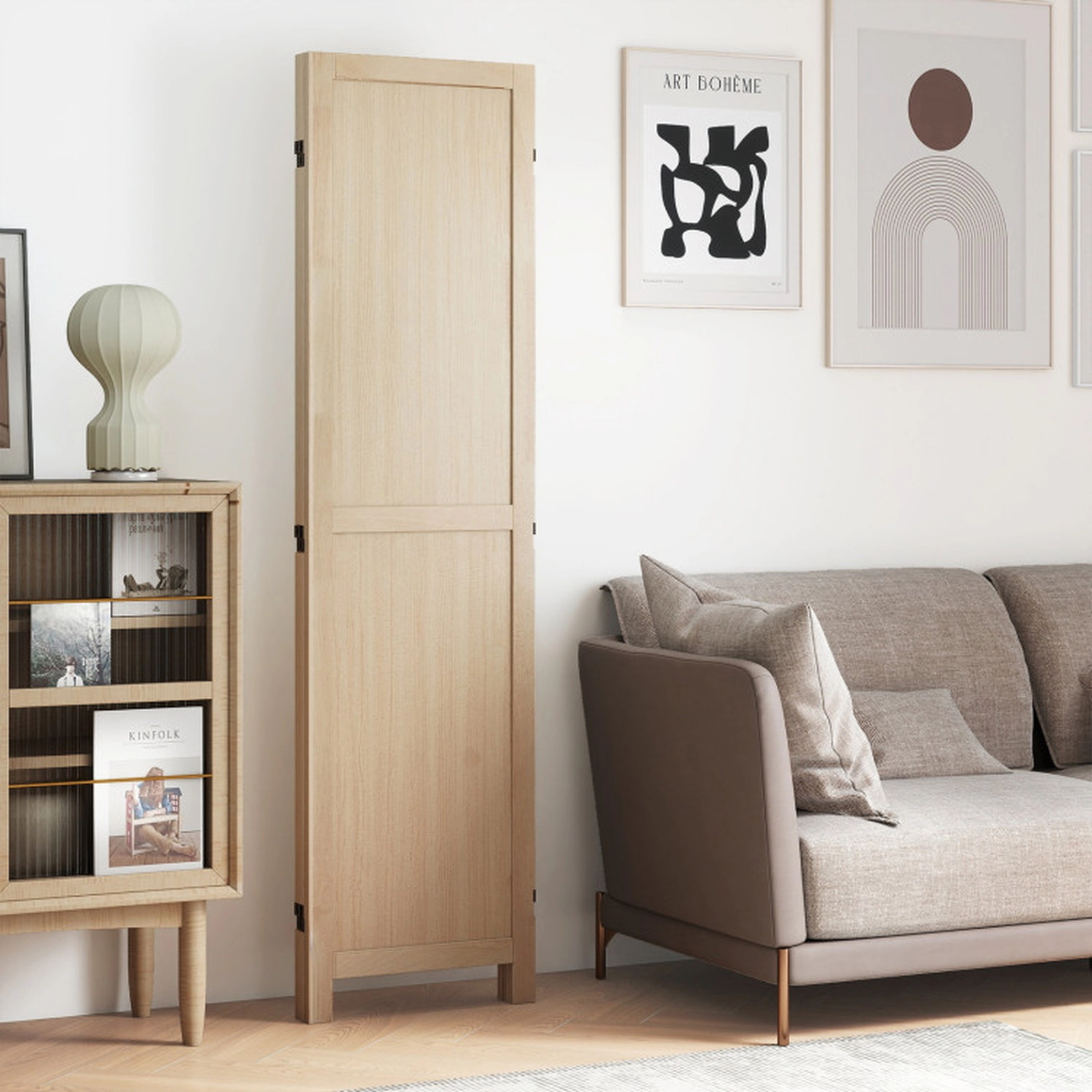 SUGIFT 3 Panel Folding Room Divider with Rubber Wood MDF Frame 53-in Unfolded Width 17.5 x 67 x 2.5 in Folded Size Beige