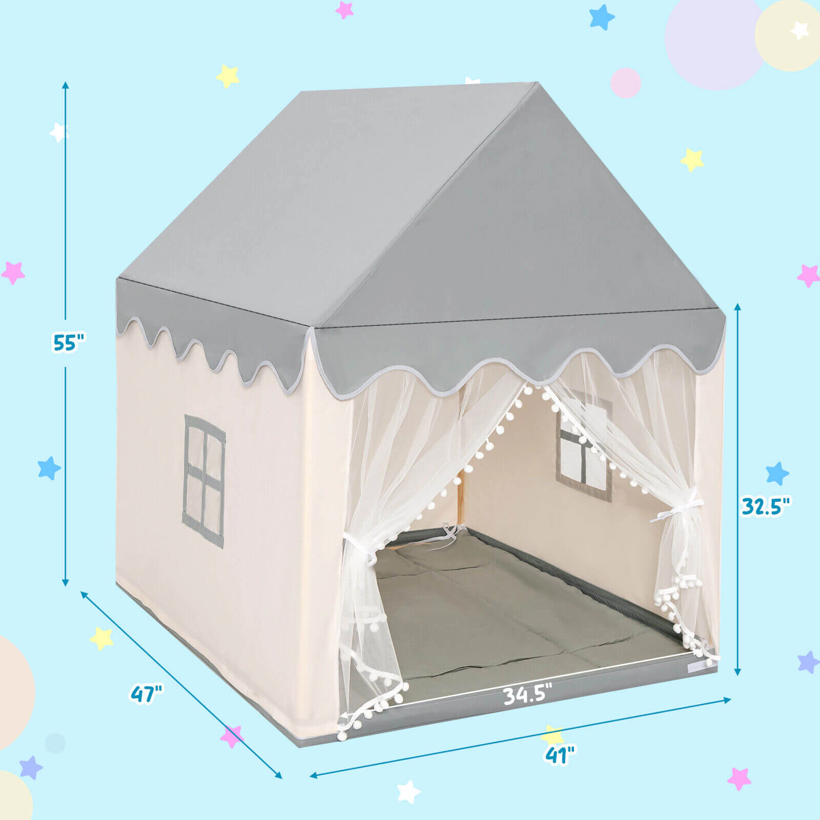 SUGIFT Large Play Castle Fairy Tent with Mat Solid Wood Frame 55-in Tall Indoor Outdoor Play Tent Beige