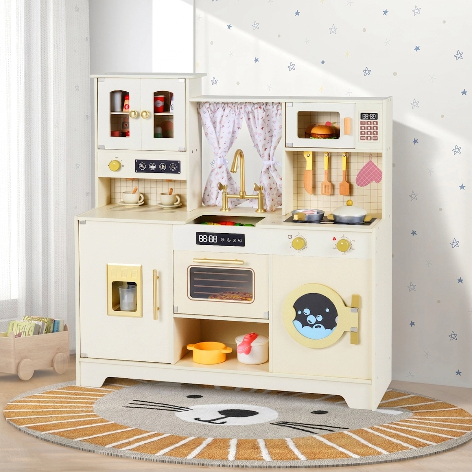 SUGIFT Beige 14 Accessories Ice Maker and Coffee Machine Kids Wooden Toy Kitchen Playset