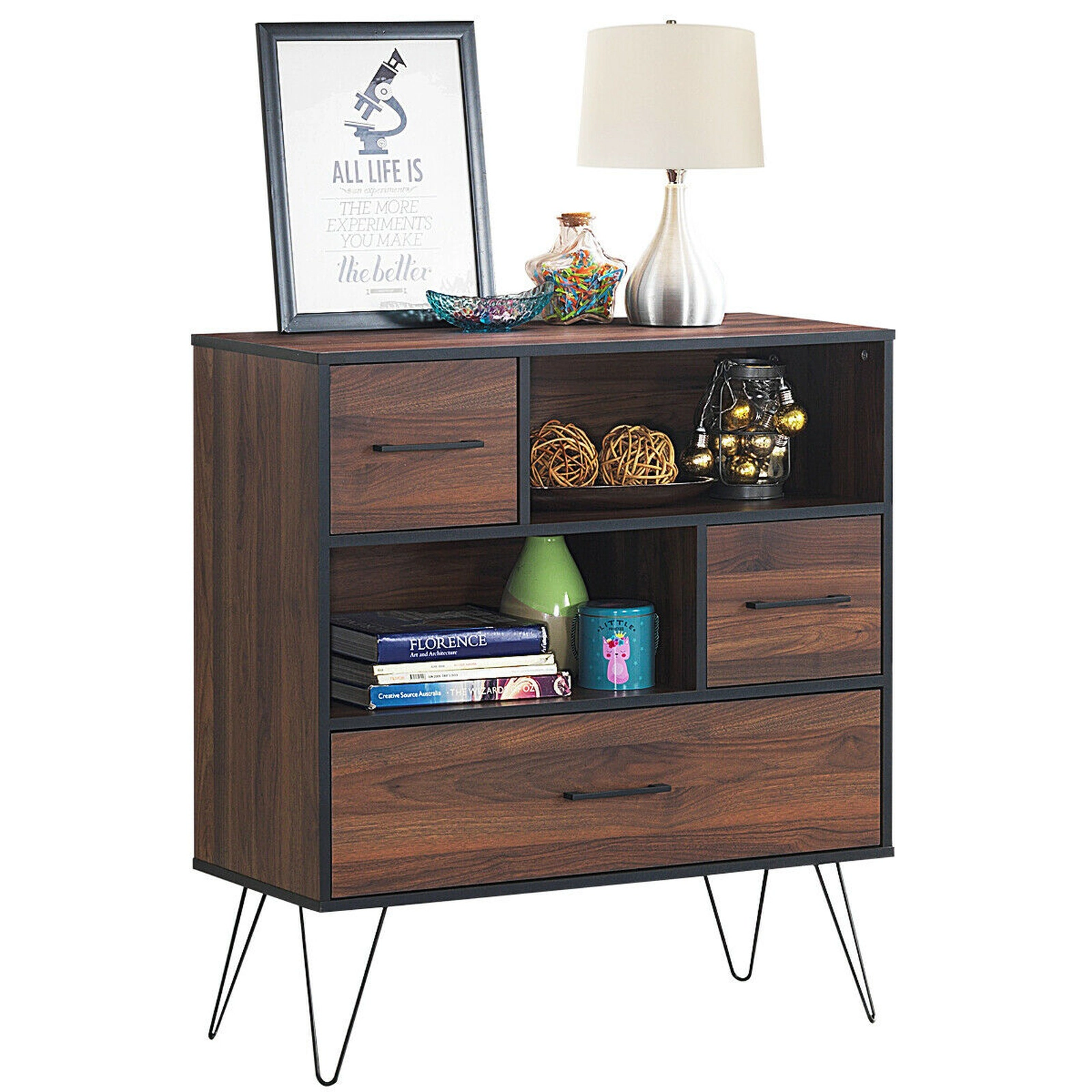 SUGIFT 3-Tier Wood Storage Cabinet Walnut with Drawer 2 Doors and Metal Legs