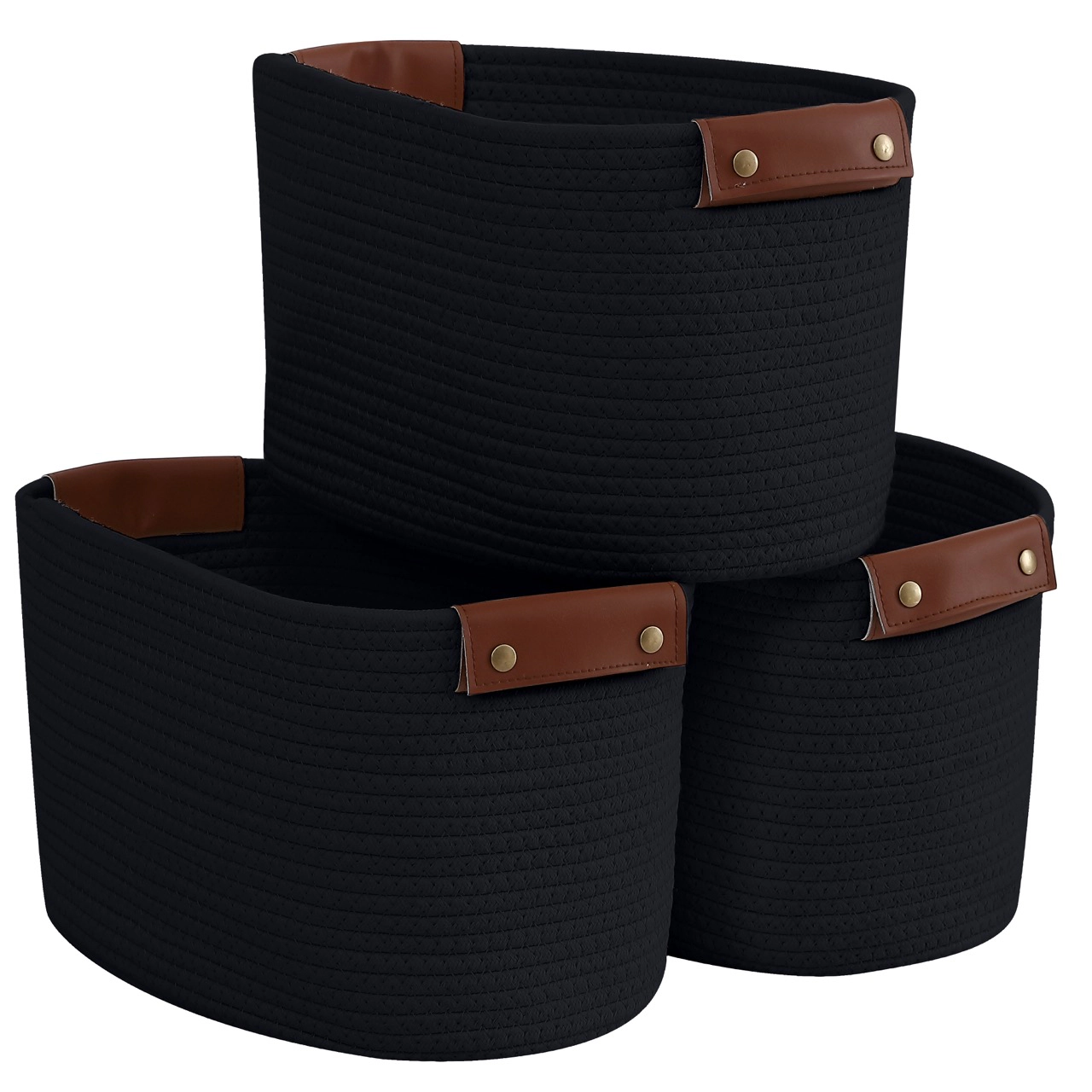 Ornavo Home 3 Pack Cotton Rope Shelf Basket with Faux Leather Handles - 15" x 10" 9"