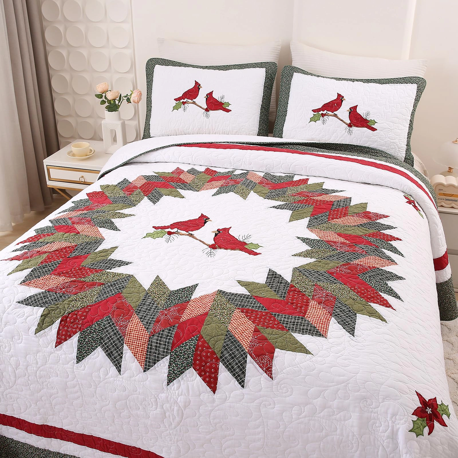 PUPWE Farmhouse Green 2 Piece Embroidered Flquilted Bedspread Quilt Setton Reversible Patchwork Coverlet