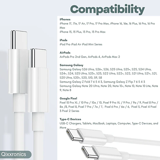 Qixxronics USB C to USB C Charging Cable 3FT 4Pack, Type C Data Sync Charger Cord for iPhone 17/16/15, iPad Pro/Air 5