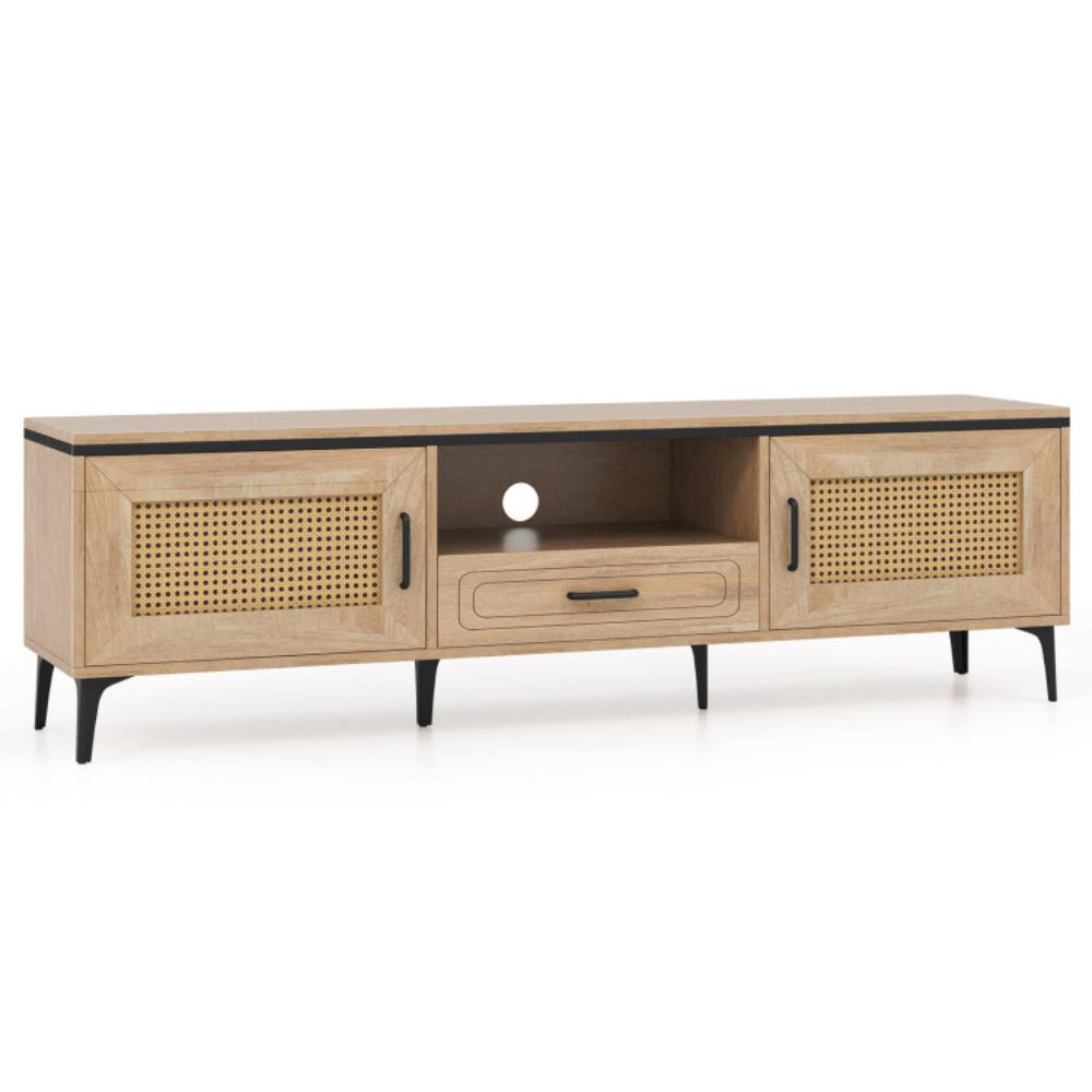 Hivvago Mid Century Modern Entertainment Center With 2 Cabinets And Storage Drawer-Oak