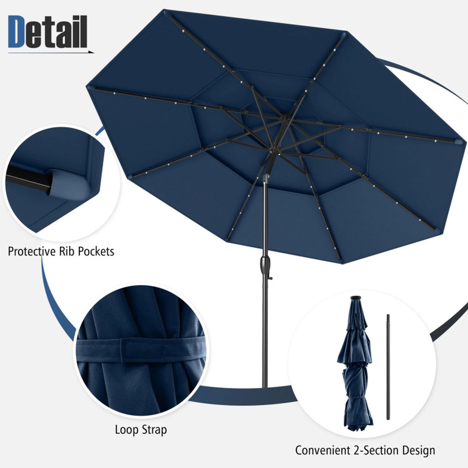 SUGIFT 10-ft Navy Solar Market Patio Umbrella with 32 LED Lights 3-Tier Vented Top and Push Button Tilt