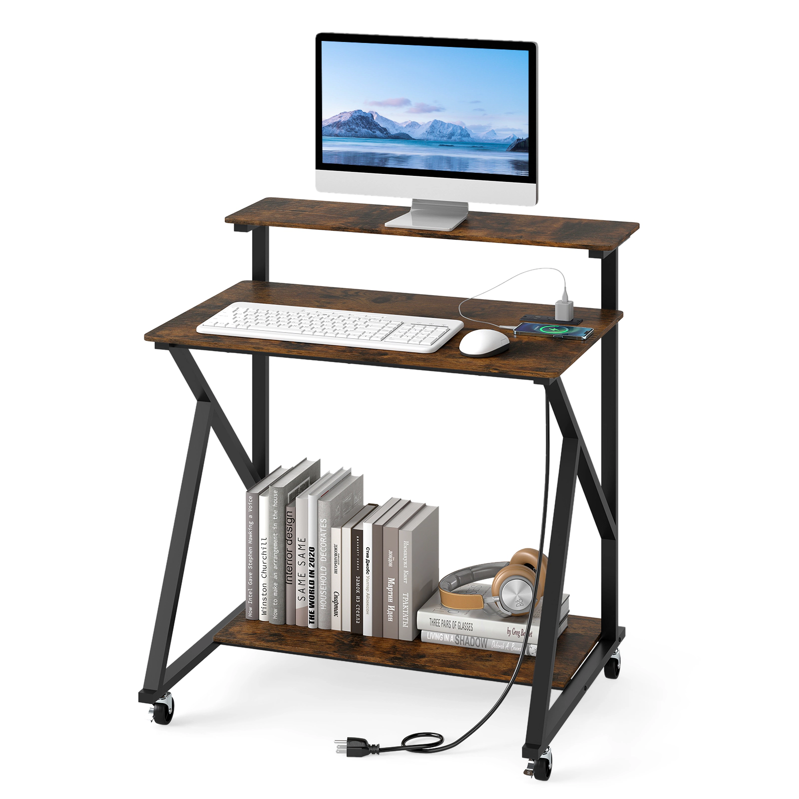 LJG 32 Inch Rolling Computer Desk for Small Spaces with Power Outlets
