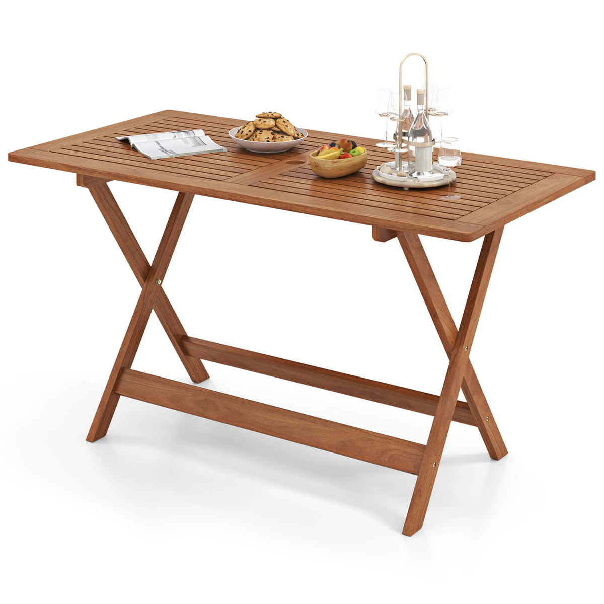 SUGIFT 54.5 x 27.5 in Shorea Patio Dining Table with Umbrella Hole 220-lb Capacity Teak Color 1-Piece